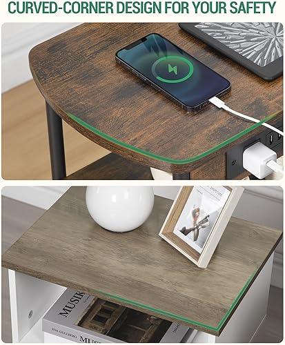 Miniatura 7 de Mesa auxiliar con estación de carga, juego de 2, mesa auxiliar de cama de almacenamiento de 3 niveles con puerto USB y tomacorriente, mesita de