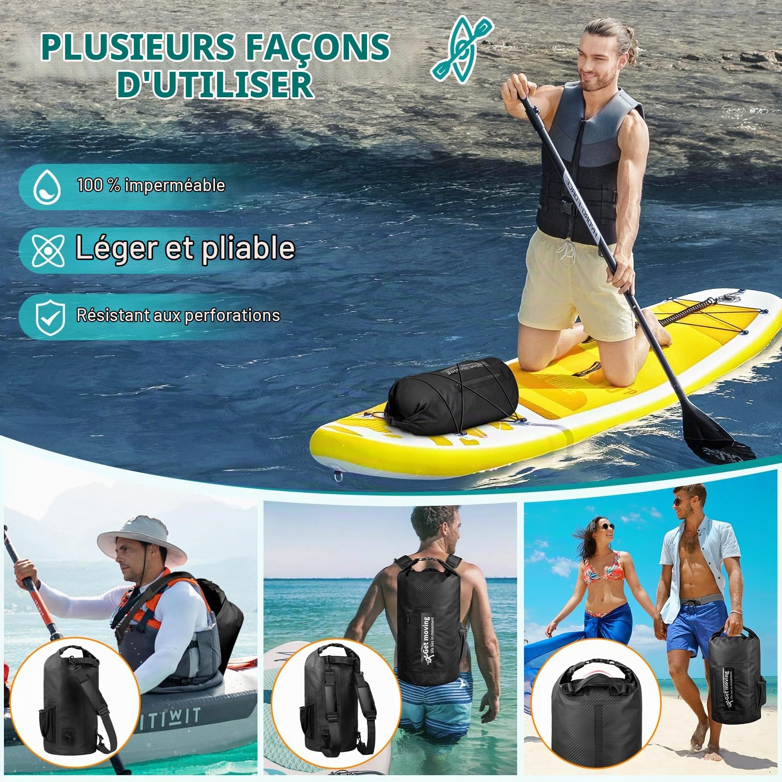 Sac à Dos Étanche 10L 20L 30L Sac Étanche Nautique Sac de Voyage Waterproof Dry Bag Roll-Top Sac Imperméable pour Kayak Pêche (10L,Noir(avec Pochette étanche pour téléphone Portable))