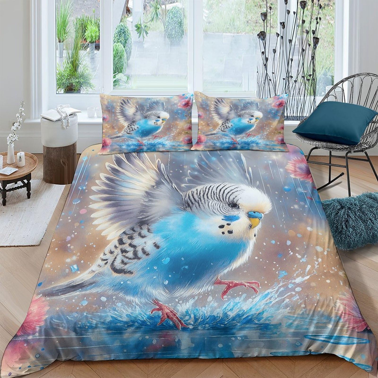 GPLZQXKJNH 3D Printed Blue Parrot Duvet Cover Microfiber Soft Breathable Watercolor Bird Bedding Set with 2 Pillowcases for Bedroom Decor Single（135x200cm）