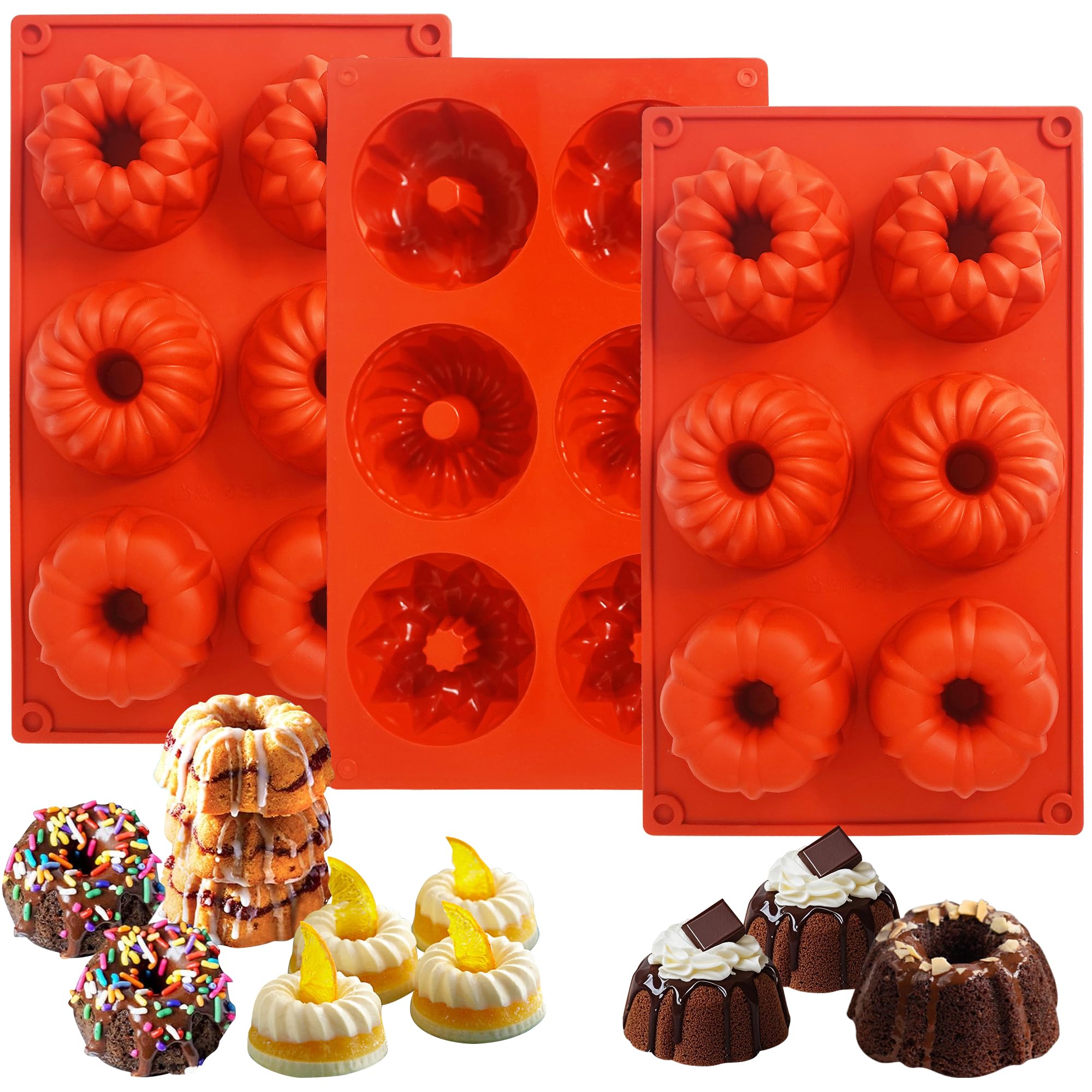 3Pcs Mini Fluted Tube Cake Pan for Baking, 6-Cavity Fluted Tube Silicone Molds for Baking Cupcake, Cornbread, Brownie, Donuts, Jello Red(A)