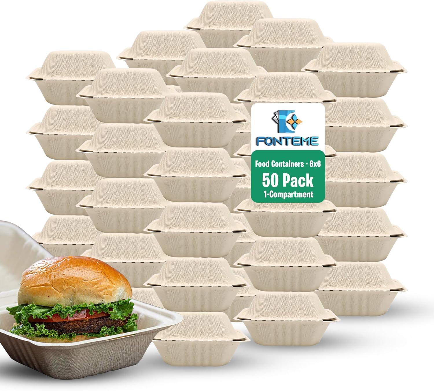Clamshell Take Out Food Containers [6X6 50-Pack] | 100% Compostable, Microwave & Freezer Safe Meal Prep Containers | To-go Hinged Container Made of Sugarcane Fibers