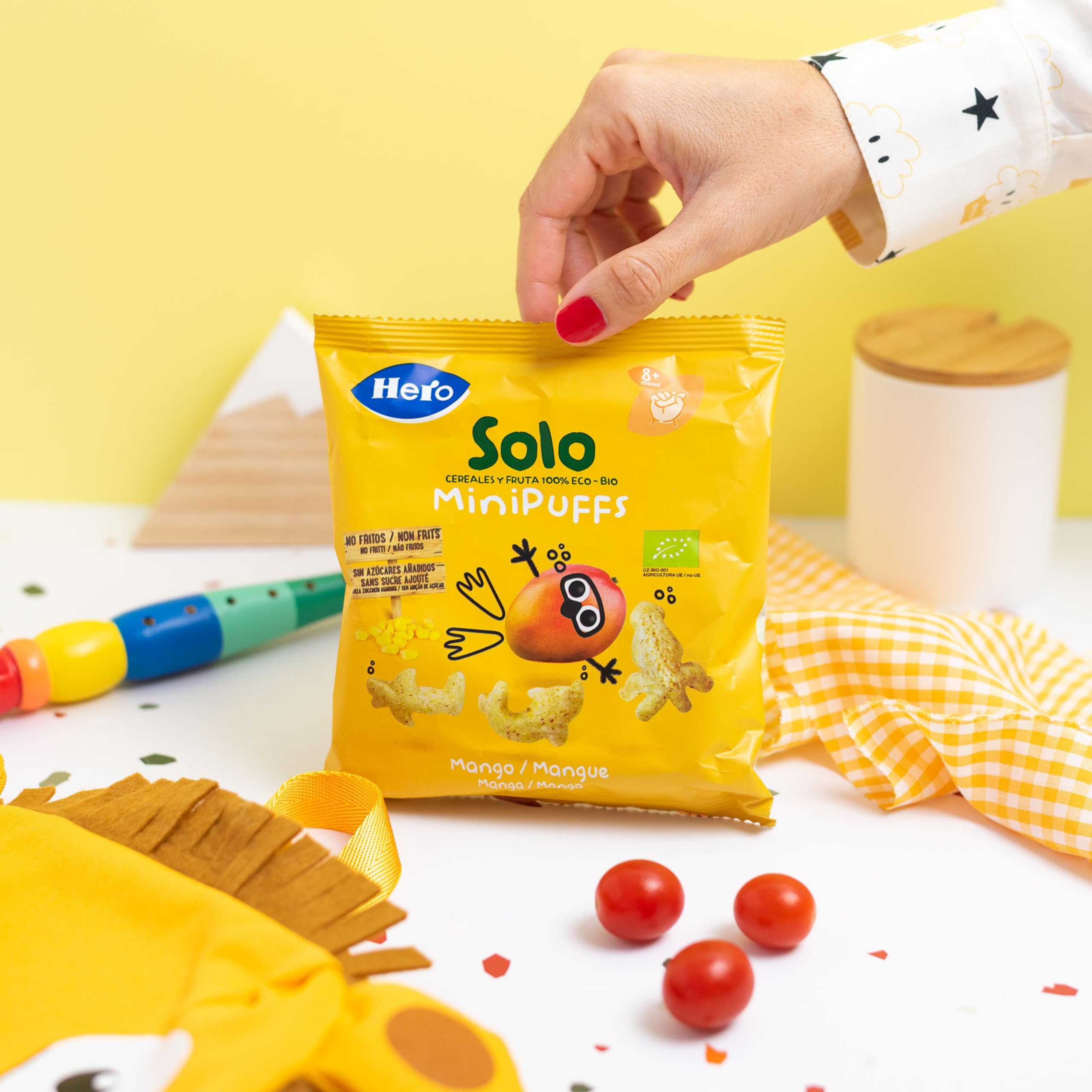 Hero Solo - Minipuff Snack de Mango, 100% ECO, BIO, con Ingredientes de Agricultura Ecológica y UE, No Fritos, Sin Azúcares Añadidos, Apto para Bebés a Partir de 8 Meses - Pack de 5 x 18 g