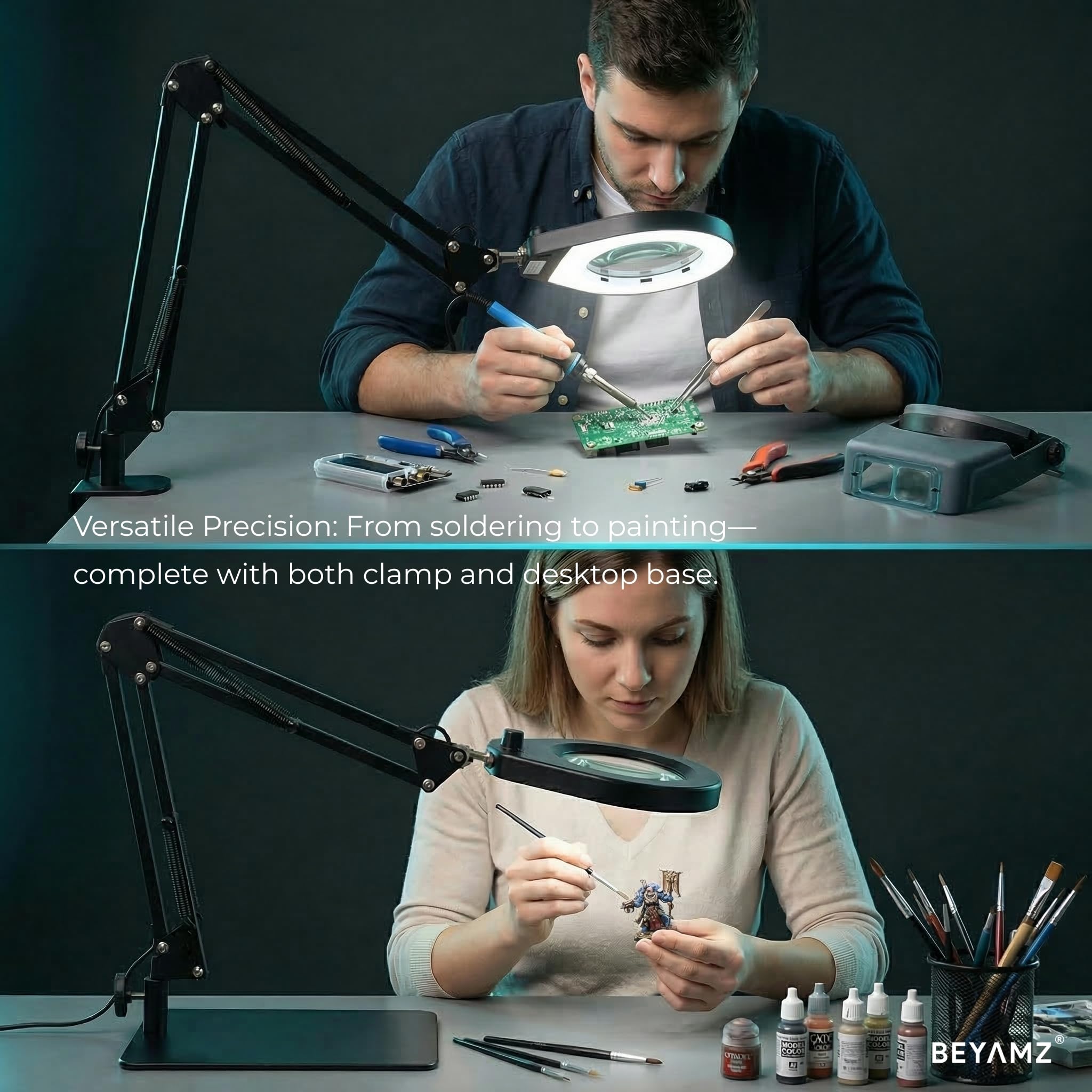 Lampa LED z lupą ze stojakiem i zaciskiem, 10,5 cm, 5-krotna lupa, ściemniane światła w 5 kolorach, pozycjonowanie ramienia obrotowego, do majsterkowania, hobby i czytania (prostokątna podstawa