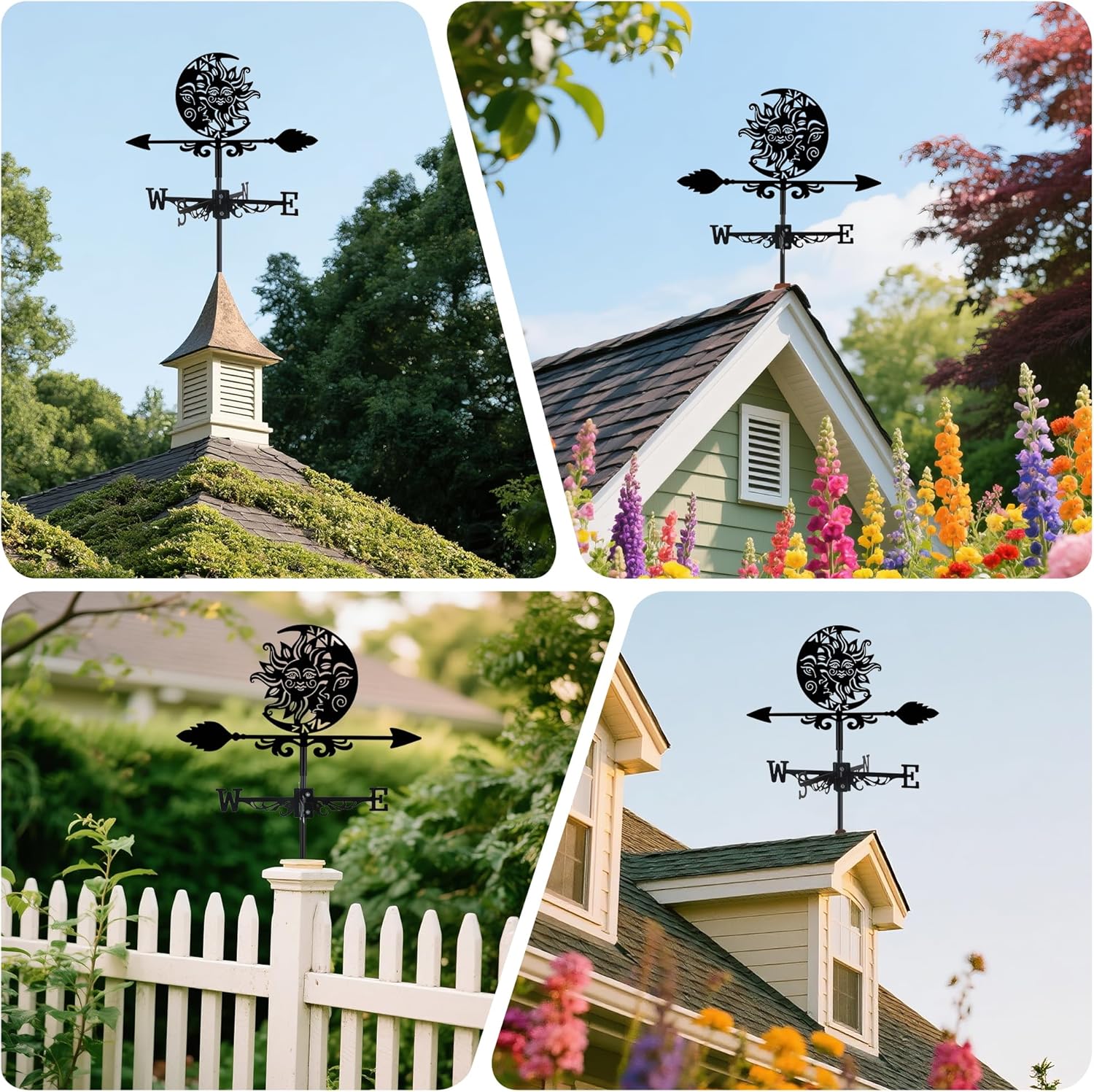 Sun and Moon Face Weather Vane, Black Metal Weathervane Roof Mount, Wind Direction Indicator Wind Measuring Tool Outdoor, Wind Vane Ornament Decoration for Shed Garden Yard Farmhouse Patio Decor