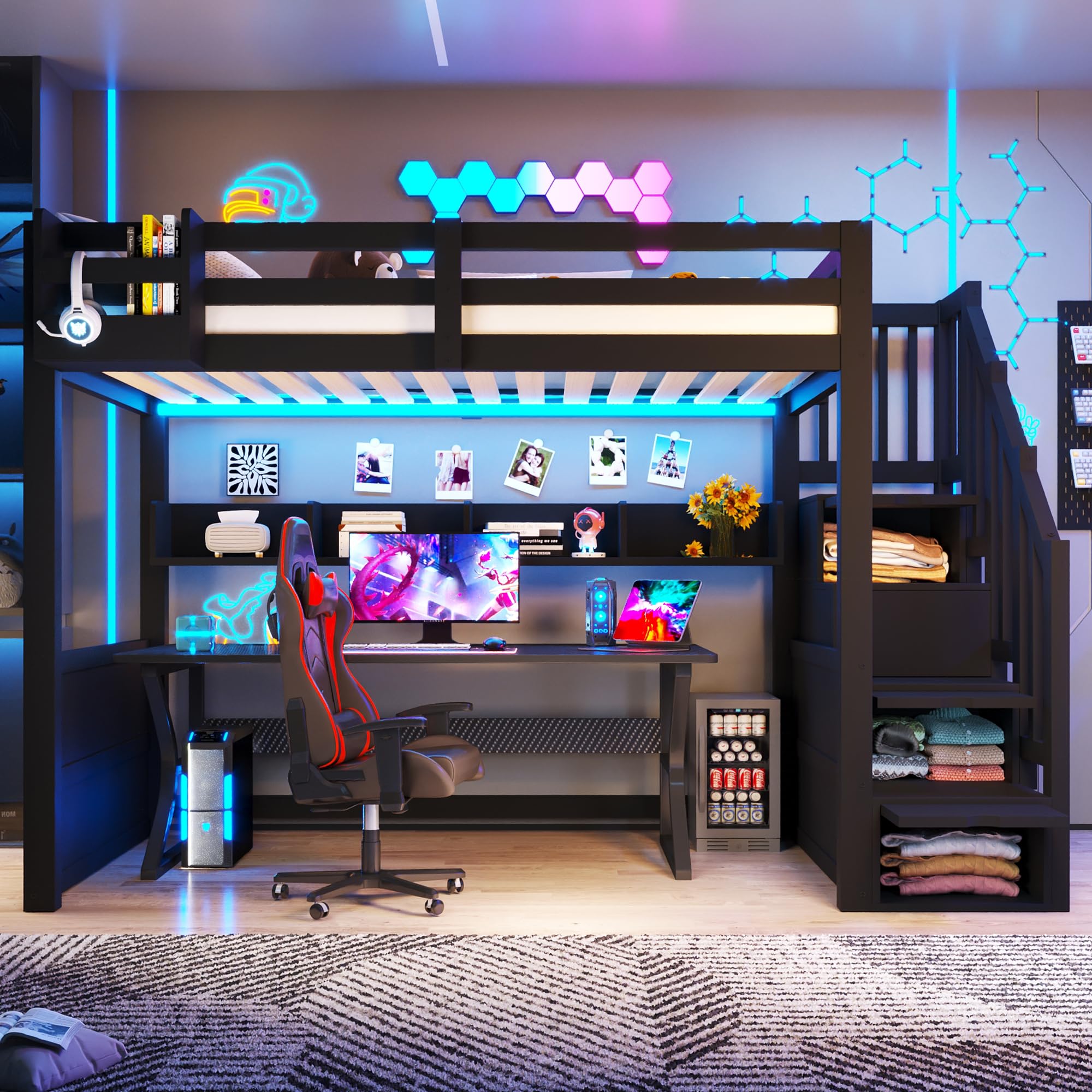 Zepneiy Letto Mezzanine in Legno 90x200 cm con Illuminazione a LED, Letto Mezzanine Singolo con Armadi, Spazio di Archiviazione e Scala di Archiviazione, Letto con Rete a Doghe, Nero (Materasso Non