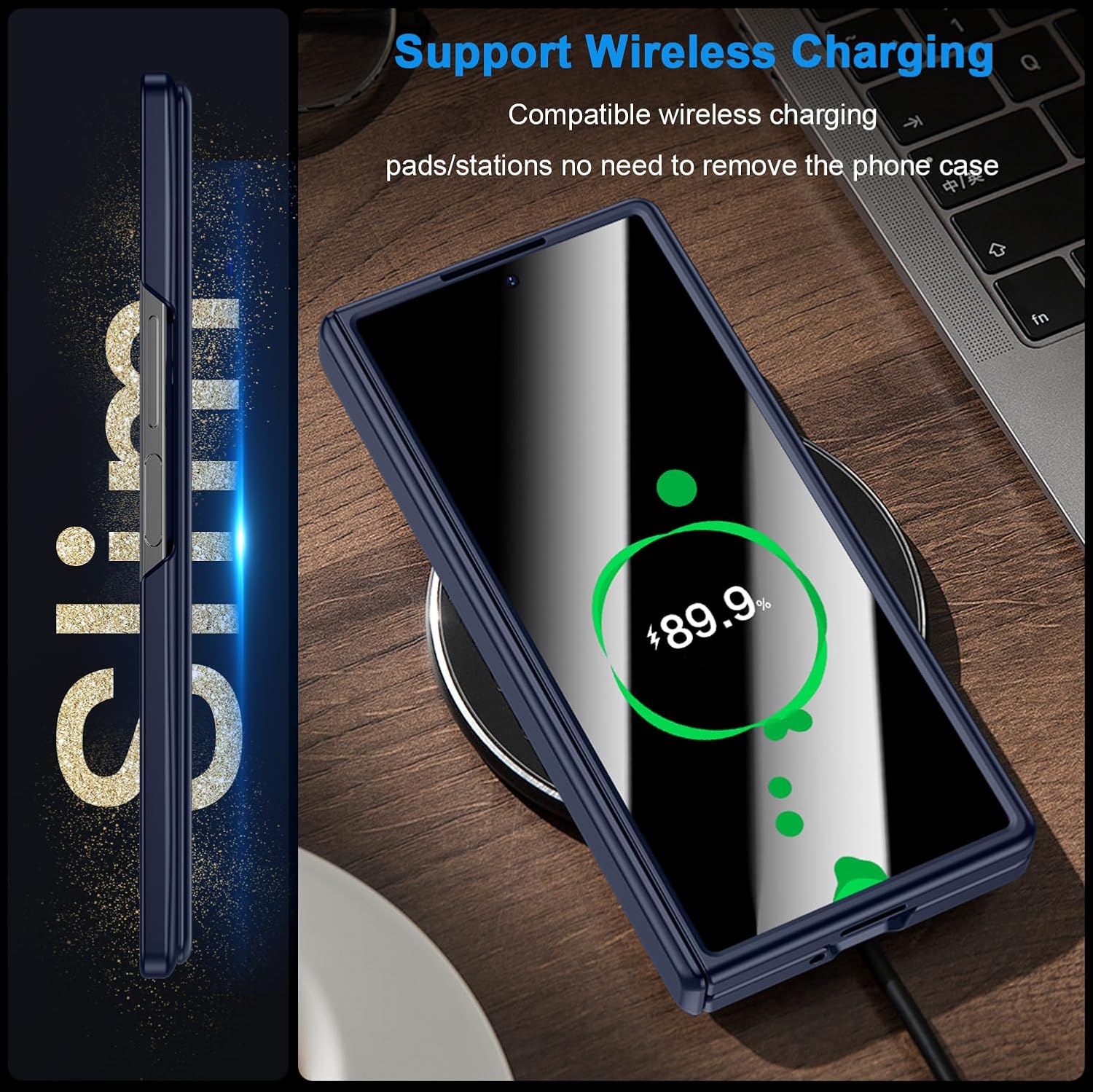 for Samsung Galaxy Z-Fold-6 Slim Case: with Hidden Kickstand & Privacy Screen Protector, [Wireless Charging] [Hinge Protection], Lightweight Phone Case Cover for Samsung ZFold 6 Dark Blue