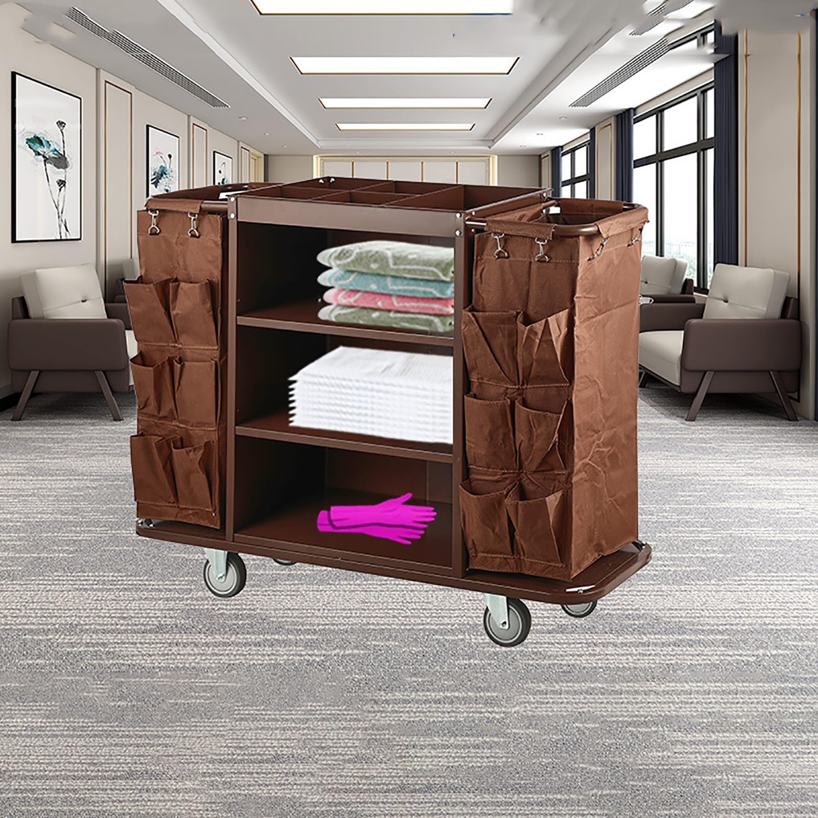 Carrello per Pulizie Commerciale Tradizionale a 3 Ripiani, carrelli per Pulizie su Ruote, carrelli per custodi, carrelli per la Pulizia di Hotel, Negozi, scuole e aziende, Marrone