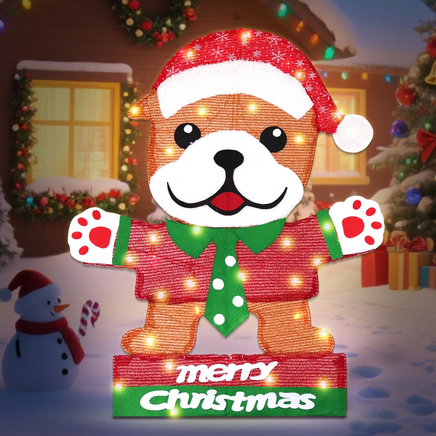 Domkom Lighted Bulldog Christmas Decoration, 30 Inch Pre-Lit Cute Dog with Christmas Hat 45 LED Warm Lights for Home Indoor Outdoor Yard Holiday Decor - Image 6