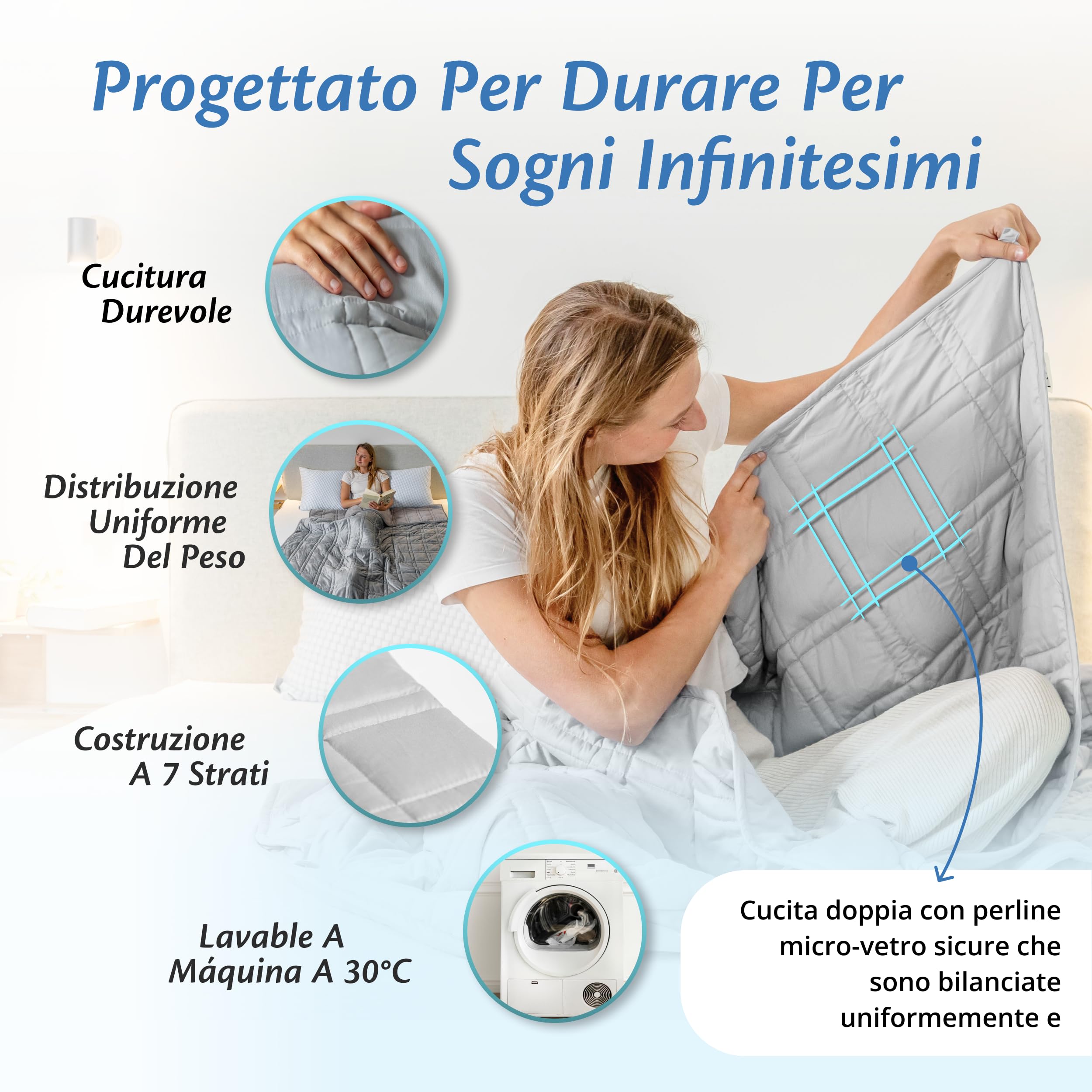 Ella Coperta ponderata per adulti 150x200 11kg - Coperta pesante rilassante per il sonno e antistress - 7 strati, perle di vetro ipoallergeniche, strato esterno in morbido cotone - Weighted Blanket