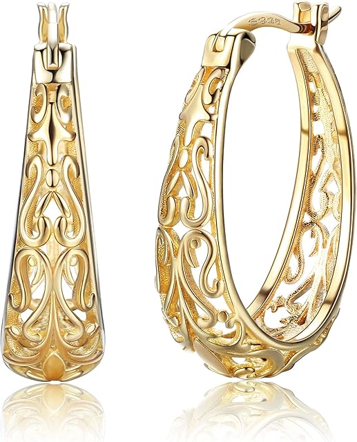 JeryWe Oxidized 925 Sterling Silver Filigree Hoop Earrings for Women Vintage 14K Gold Plated Oval Hoop Earrings