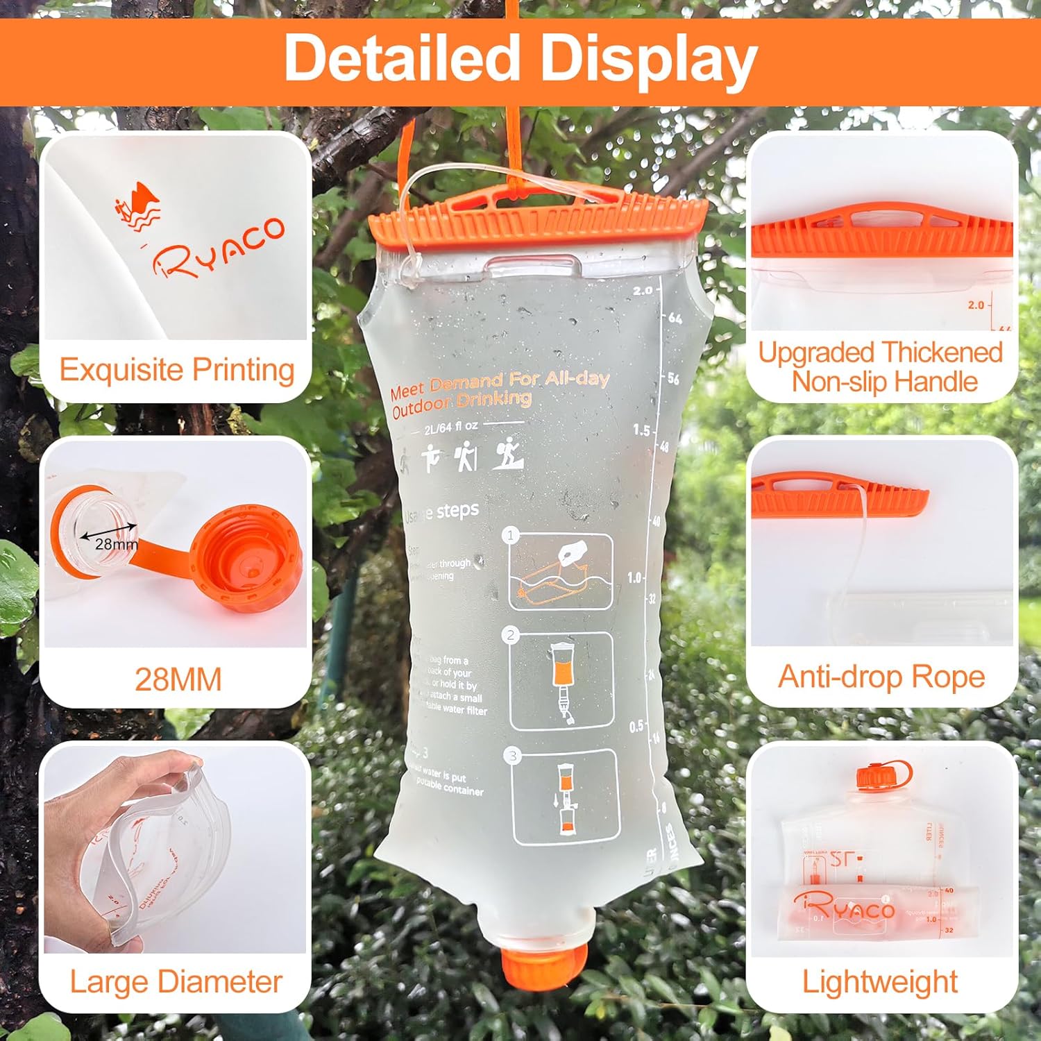 Ryaco Water Bag 2L Compatible with Sawyer Squeeze Water Filter, Outdoor Water Container, Water Filter Bag with Durable TPU Material Collapsible Hydration Canteens for Camping Hiking Cycling Fishing - Image 3