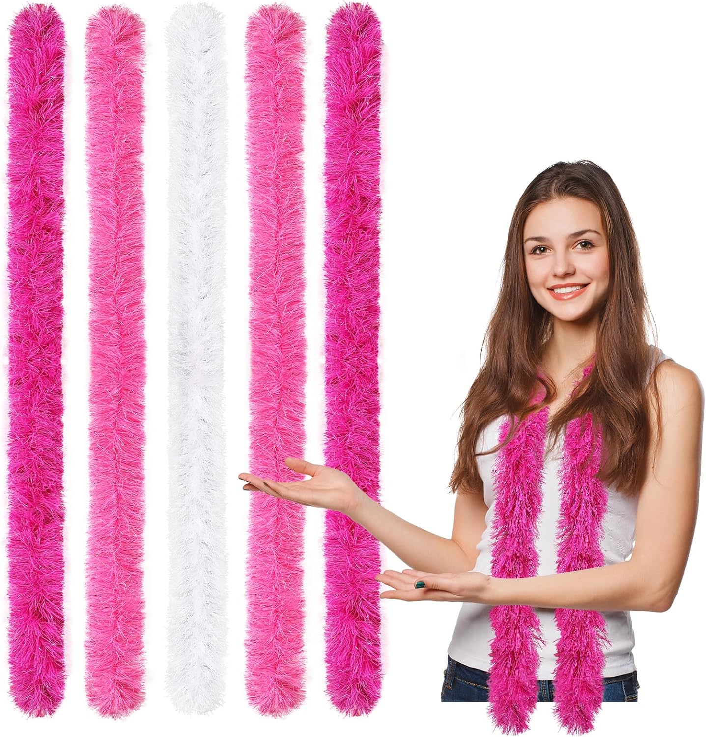 5pcs Feather Boa - Fuchsia Pink White Artificial Fluffy Boas Bulk 5 Ft for Wedding Birthday Tea Party Christmas Costume Decor