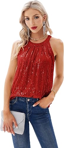 Miniatura 3 de GRACE KARIN Camisetas halter de lentejuelas para mujer, sin mangas, brillantes, fruncidas, fluidas, brillantes, para club, camisa de fiesta