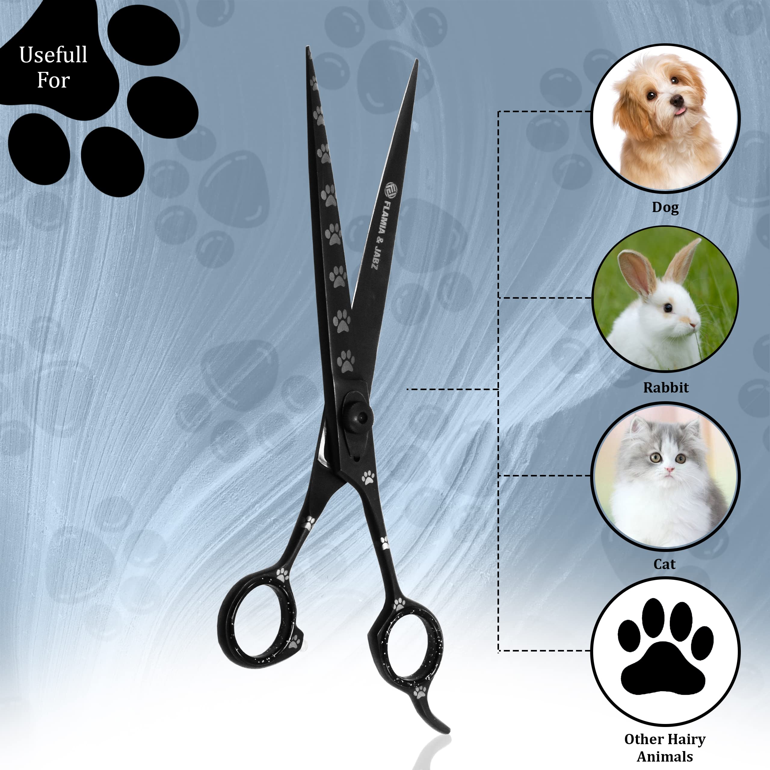 Professionelle Fellschere für Hunde, Katzen und Haustiere, gerade, mit Pfotenabdrücken für Hunde, Katzen und Haustiere (Rechtshänder, schwarz, Edelstahl, 20,3 cm)