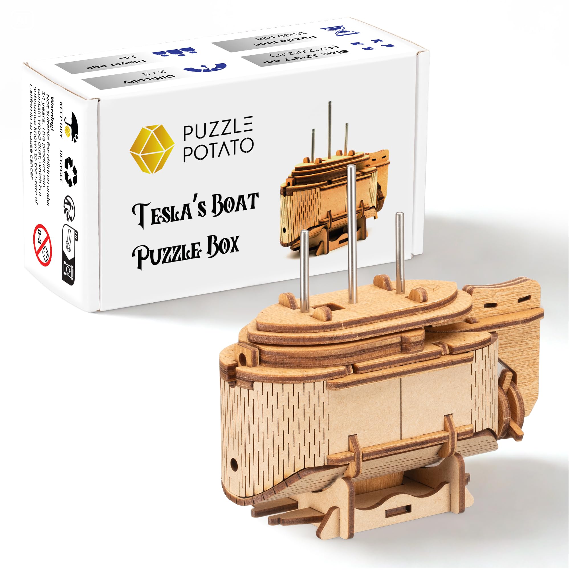 PUZZLE POTATO - Tesla's Boat - Brain Teaser Puzzle Box - Wooden Treasure Chest for Adults - Money Puzzlebox for Cash Gift - Escape Room Game in a Box