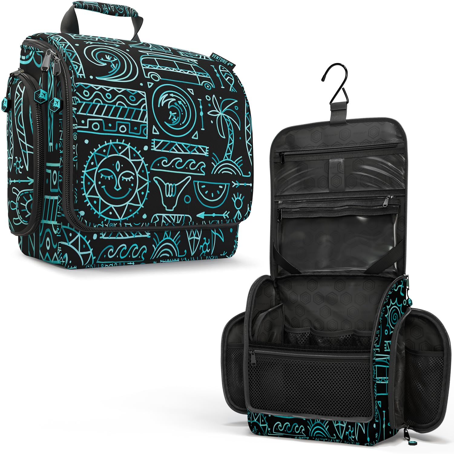 VENTURE 4TH Hanging Travel Toiletry Bag for Women & Men – Large Toiletry Organizer with 17 Compartments, Removable TSA Pouch, Travel Wash Bag for Toiletries, Makeup & Shaving Kit (Surfing Vibes)