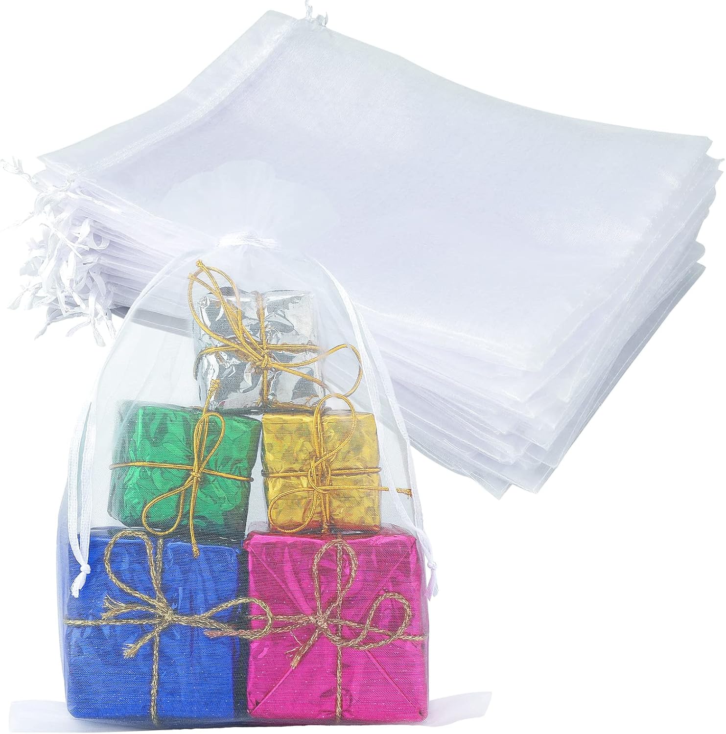 GCQQ 50pcs White Organza Bags, Organza Favour Bags with Drawer String