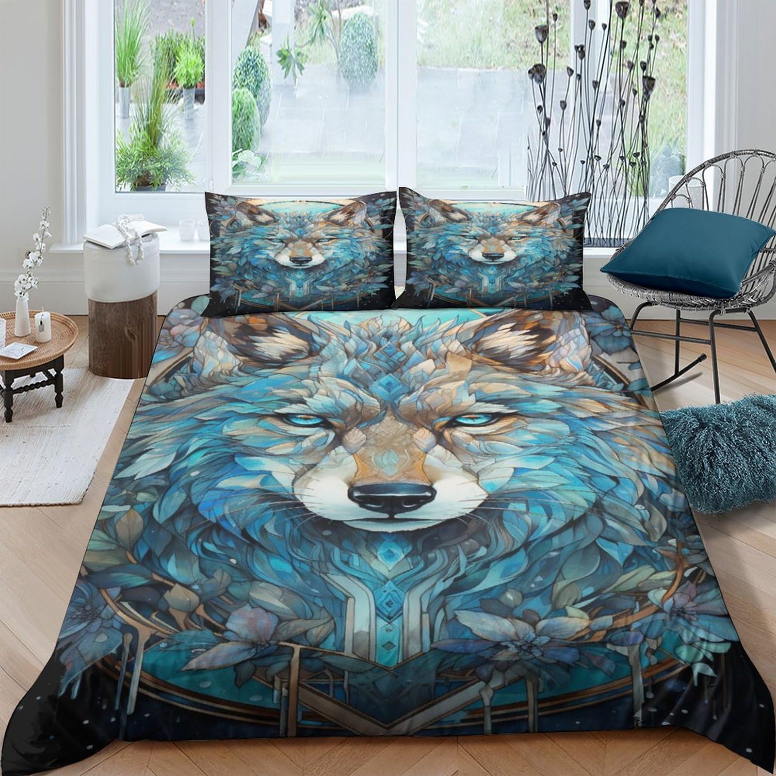 Crystal Wolf Duvet Cover Set for Childrens And Adults 3D Printed Bedding Set Art Comforter Cover Soft Microfiber with Zipper Quilt Cover with Pillowcaser King（220x240cm）
