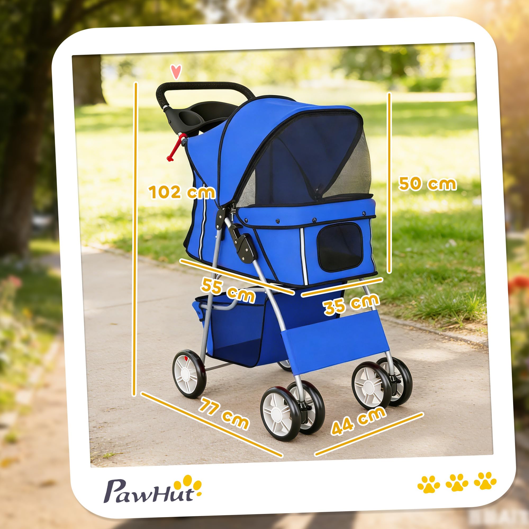 PawHut Passeggino per Cani Pieghevole, Carrozzina per Animali con Copertura Antipioggia, Catarifrangenti, Ruote Girevoli a 360°, Freni e Cuscino Lavabile, Blu