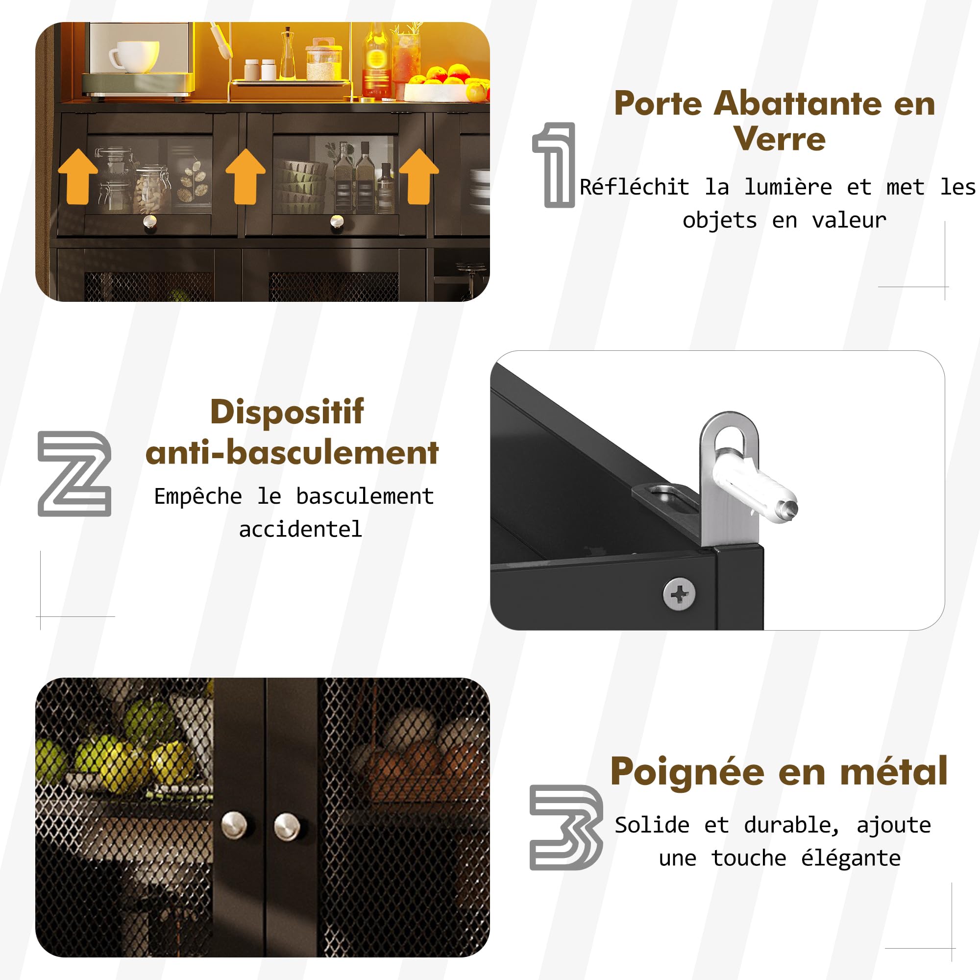 Buffet Haute Cuisine L120 x P40 x H182 cm, Armoires de Cuisine, Vaisselier avec Port USB, Meuble Cuisine Rangement avec Portes Vitrées, éclairage LED, Un Plan de Travail spacieux, Noir