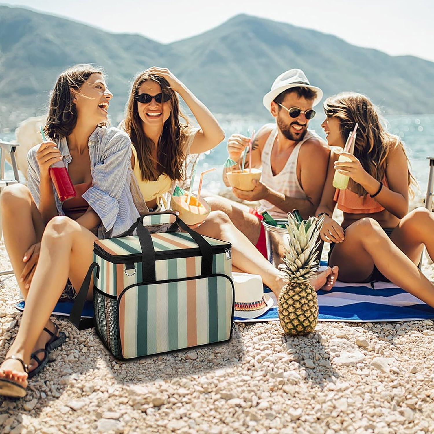 Large Capacity Oxford Cloth Retro Striped Printed Camping Ice Bag, Outdoor Portable Insulation and Cooling Bag, Suitable for Outdoor Camping and Picnics