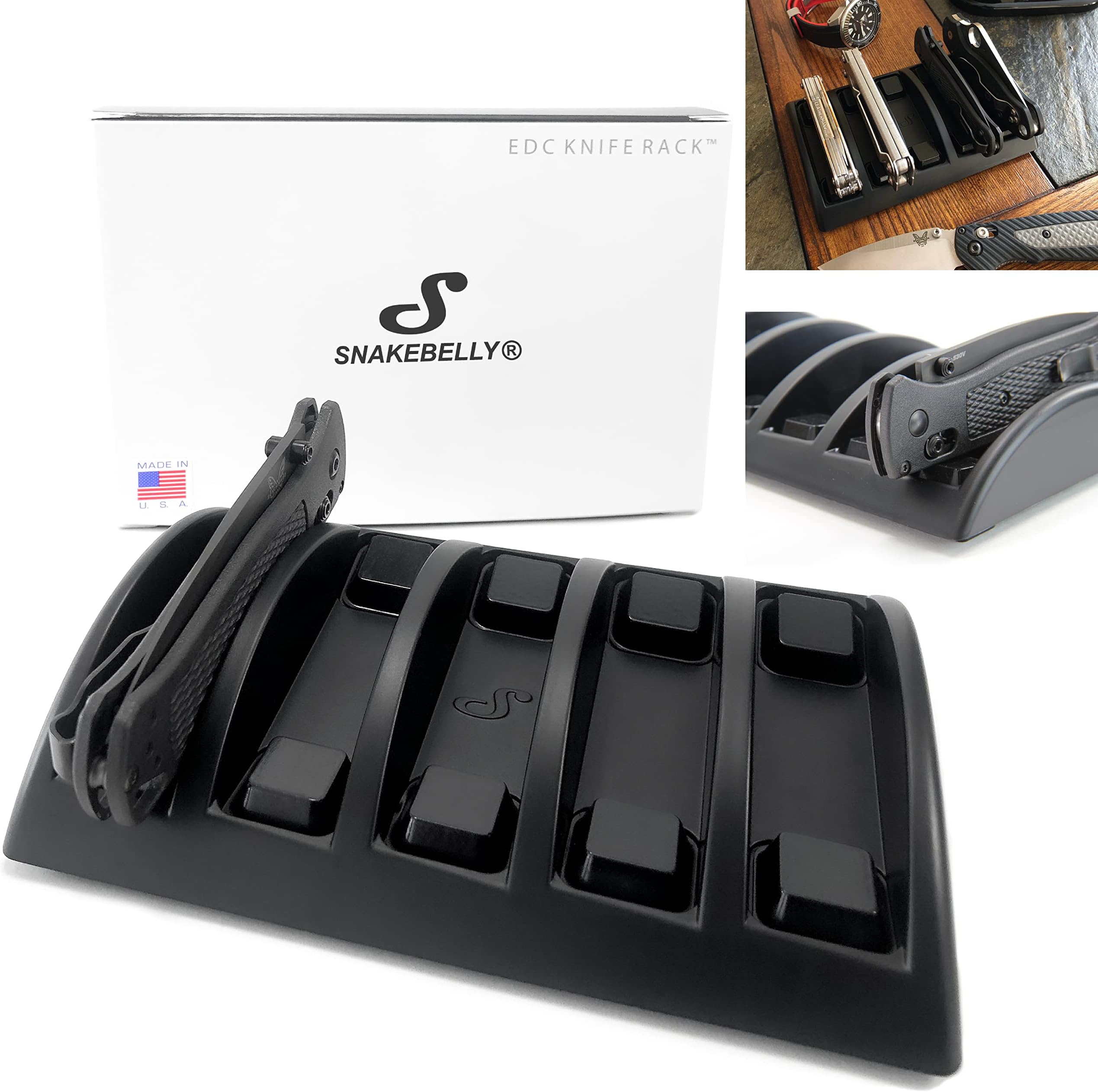SnakeBelly EDC Knife Rack - EDC Gear Organizer Tray - Holder for Knives & Accessories (Black)