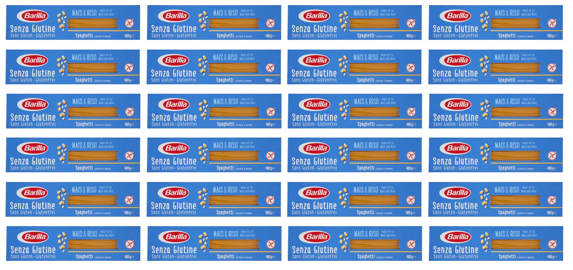 Barilla Makaron makaron bezglutenowy spaghetti z pysznej kukurydzy i ryżu – idealny dla osób z nietolerancją Celeliac lub glutenu, 24 sztuki (24 x 400 g)