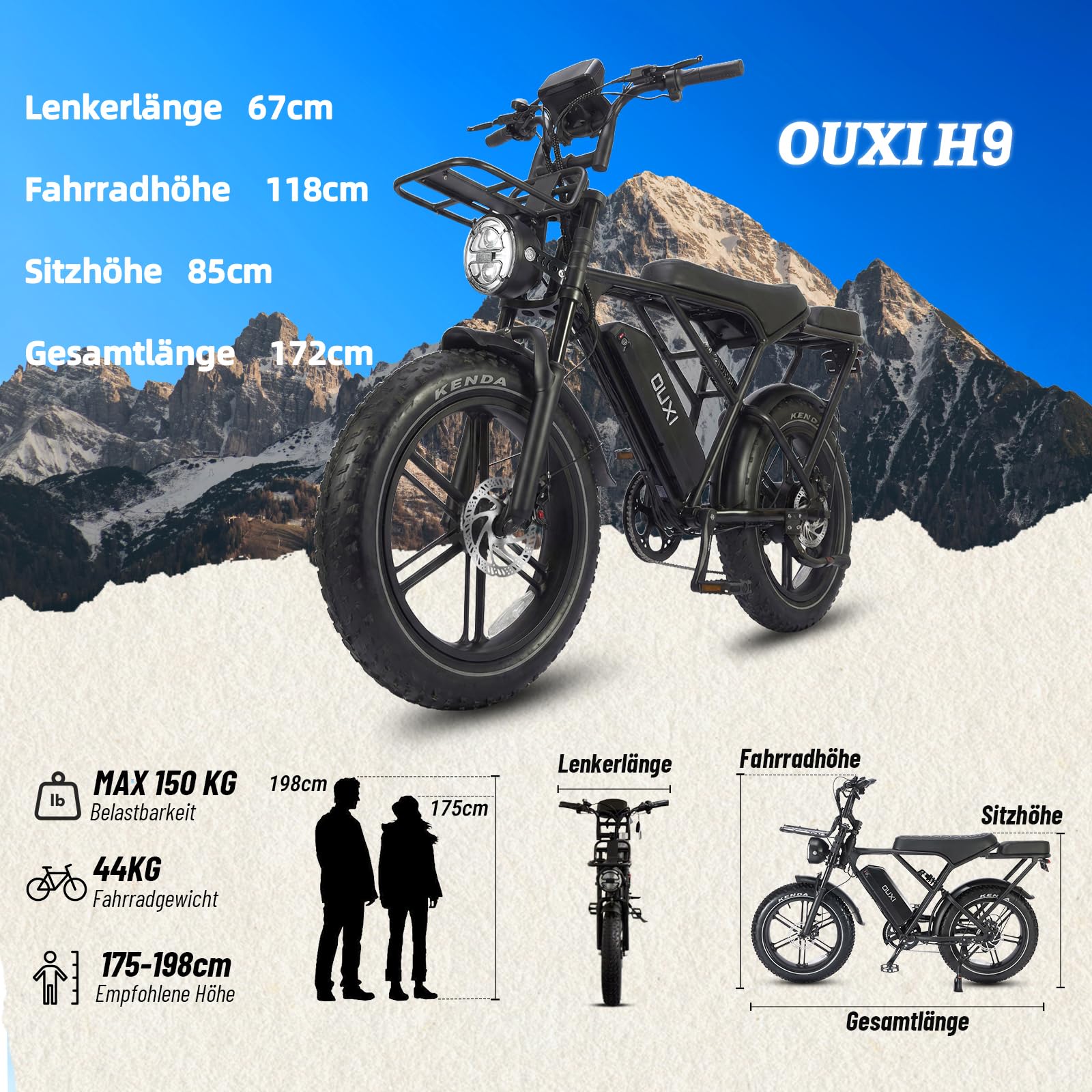 OUXI H9 E-Bike 20 Zoll Fatbike Elektrofahrrad Pedelec, 250W Motor 60Nm, 48V 15Ah Akku 60km, Hydraulische Scheibenbremsen, Vollfederung, Gepäckträger vorne & hinten, mit Blinker