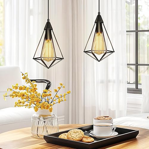 Miniatura 4 de DWVO Paquete de 2 lámparas colgantes, jaula de hierro de granja, línea de metal, lámpara de techo colgante con soporte para lámpara E26, adecuado