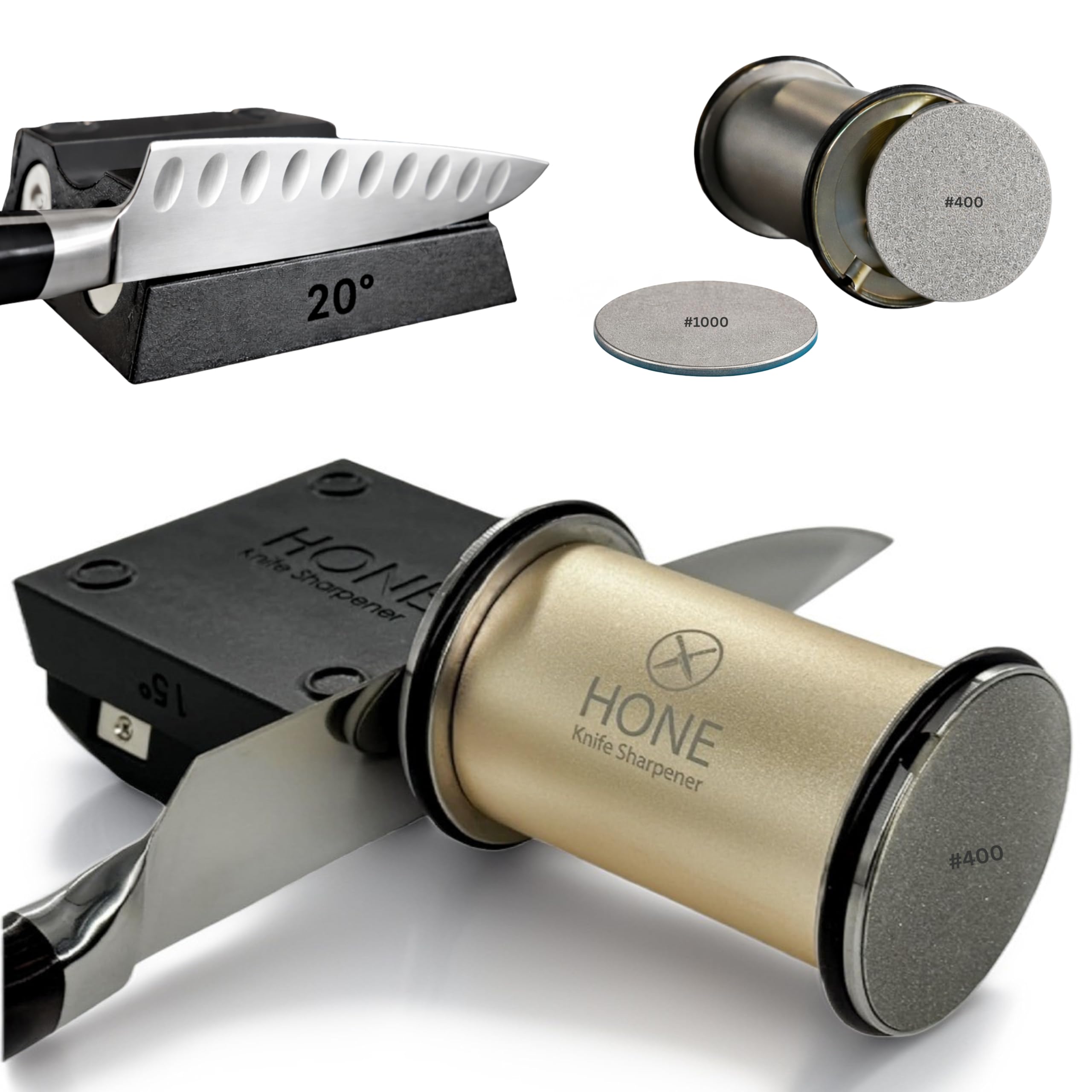 – 𝗛𝗢𝗡𝗘 𝗞𝗻𝗶𝗳𝗲 𝗦𝗵𝗮𝗿𝗽𝗲𝗻𝗲𝗿 Engineered in Canada, Kitchen Rolling Knife Sharpener with Ball Bearings, Detachable Dual-Sided Diamond Plates, Small Knives Slot, 20° & 15° Precision Sharpening