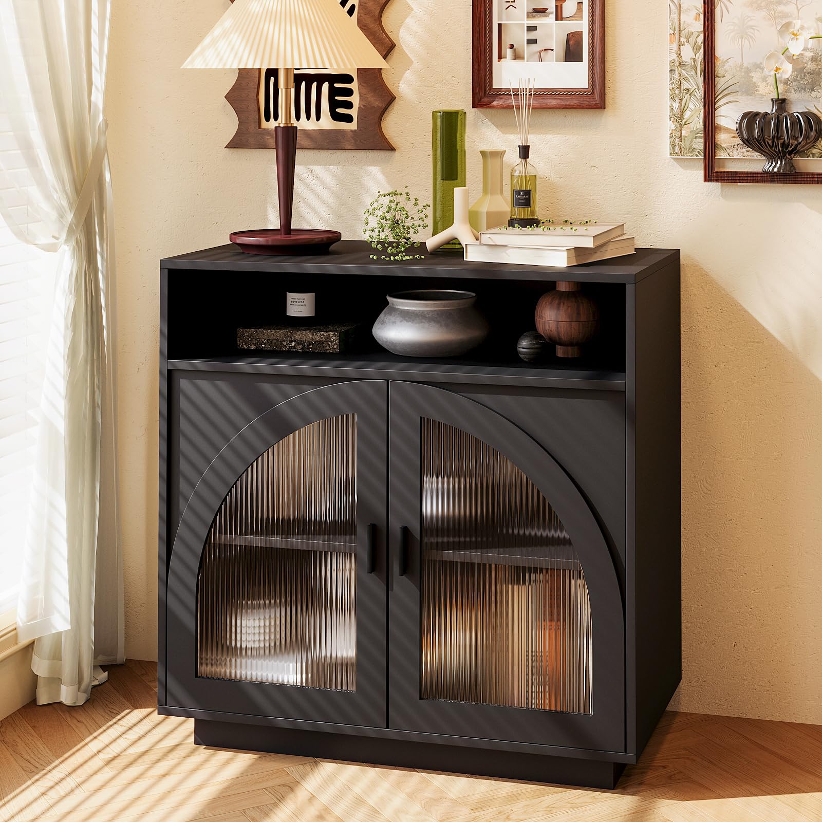 Sideboard Buffet Cabinet with Arched Acrylic Doors &amp; Storage(1, B-Black)