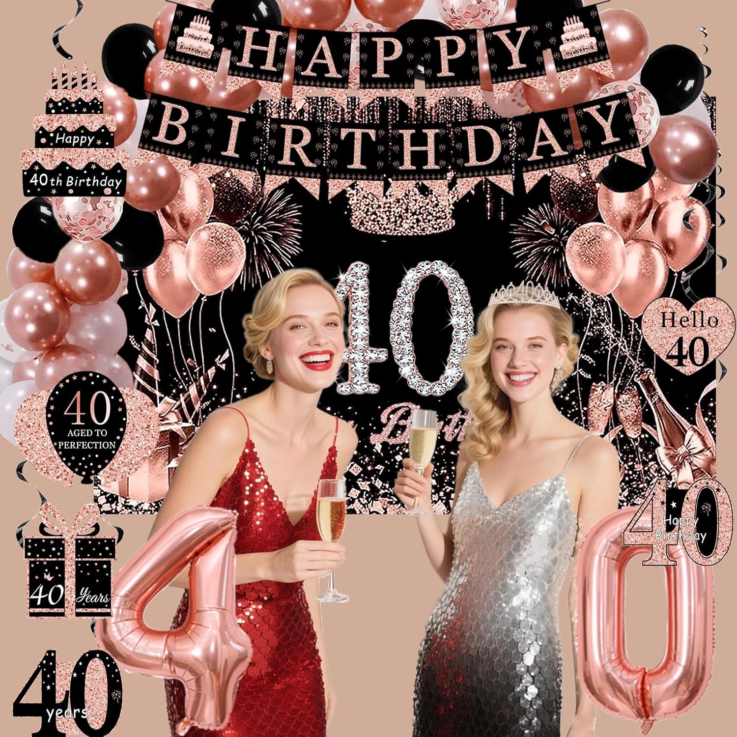 Rose Gold 40th Birthday Decorations for Women - Backdrop, Sparkle Crown Sash, Happy 40th Birthday Banner, Cake Topper, 40 Number Balloons, Hanging Swirl Decorations - 70pcs