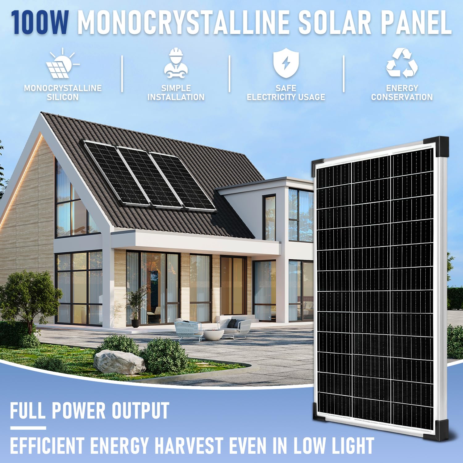 Pannello solare da 100 W, 12 V, pannello solare monocristallino, 100 Watt, con regolatore di carica da 20 A, per carica di energia indipendente da 12 Volt per camper, barca, roulotte, casa
