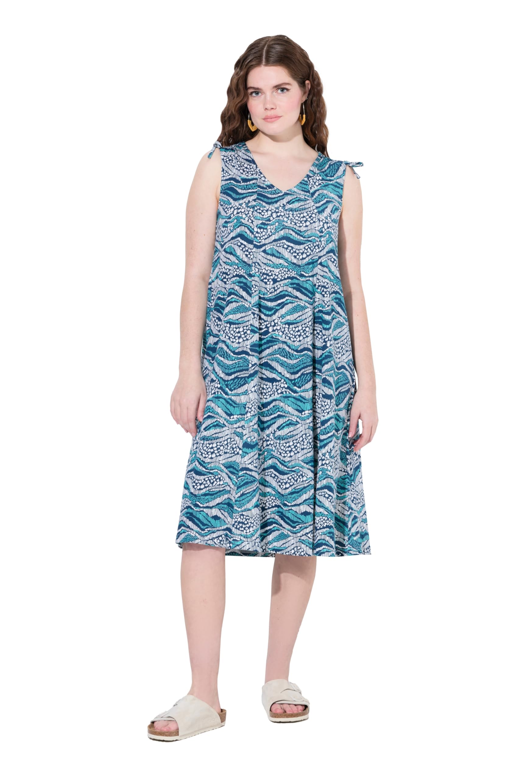 Ulla Popken Damen große Größen Übergrößen Plus Size Midikleid, Jersey, Wellen, V-Ausschnitt, ärmellos, Biobaumwolle 840630