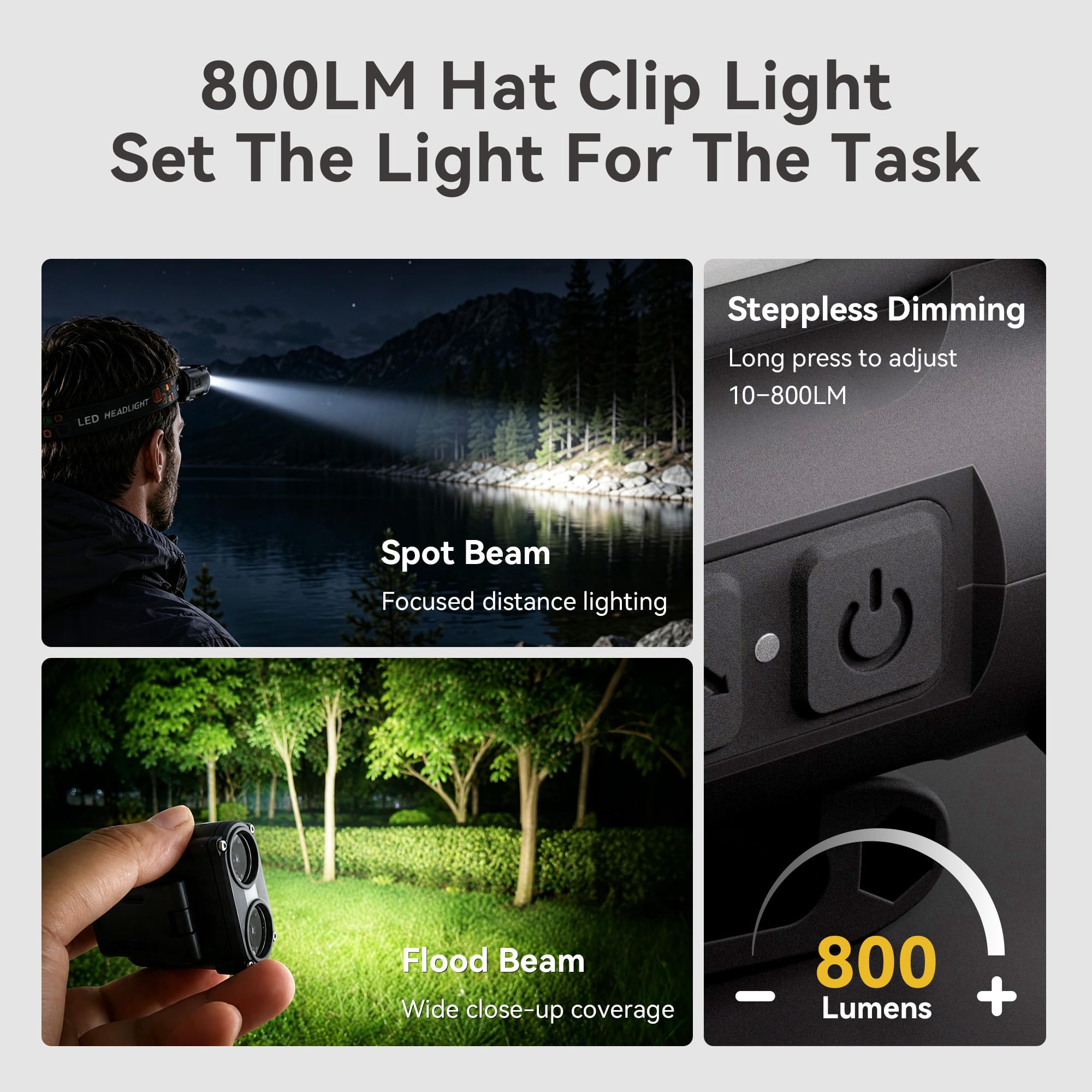 Hopedone - Luz LED para sombrero duro, 800 lúmenes, recargable, regulable, con clip, 180°, ajustable, con manos libres, impermeable, para correr, acampar, cazar, ciclismo (negro)