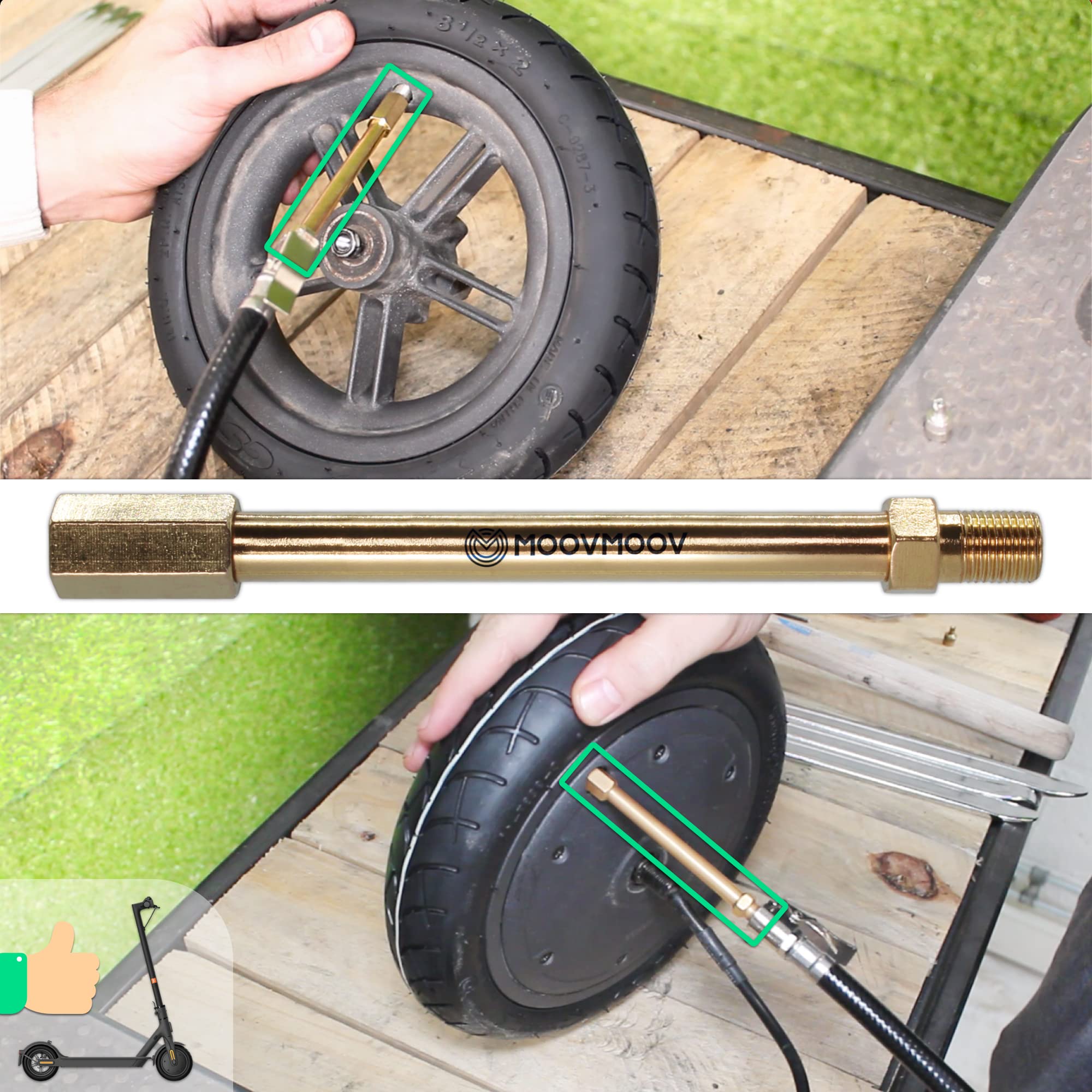 MOOVMOOV Prolunga Valvola Schrader 10 cm in Ottone - Compatibile con Pneumatici Auto Moto Scooter Monopattini Elettrici Carriole e Ruote Gemellate - Estensione Rigida per Gonfiaggio Facile