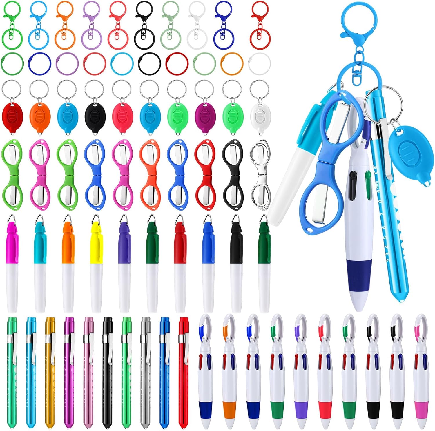 Geiserailie 60 Pcs Nurse Pen Set Includes Highlighter Marker Retractable Ballpoint Pen Lights for Badge Nursing Keychain Clip Foldable Scissors LED Flashlight for Nurse Gift (Trendy Color)