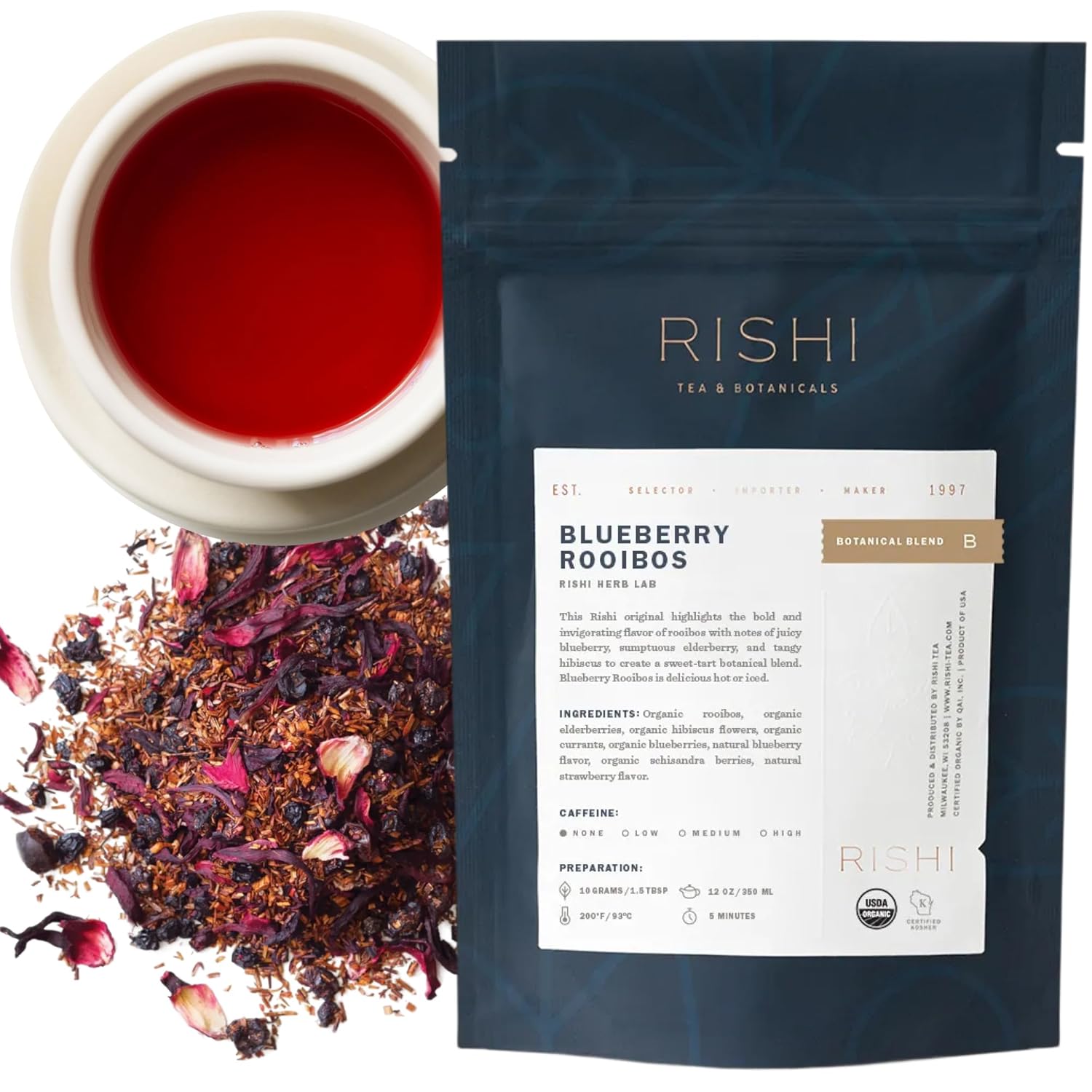 Rishi Tea Blueberry Rooibos Herbal Tea - Organic, Caffeine Free Loose Leaf Tea, Sweet & Tangy with Antioxidants, Ideal for Hot or Iced Tea - 4 Ounces, 11+ Servings