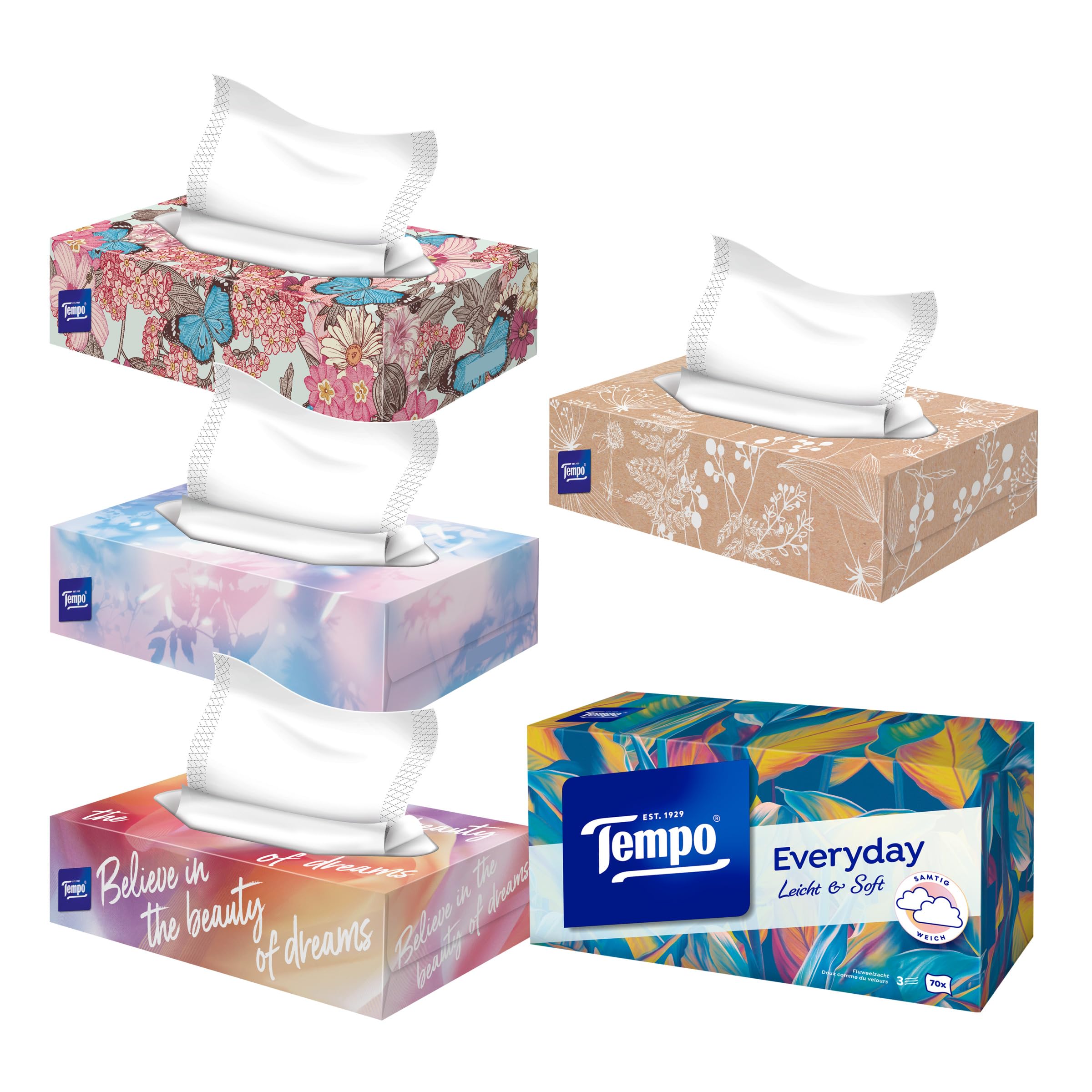 Tempo Light Box Megapack Lot de 14 boîtes de 70 mouchoirs par boîte – Mouchoirs en papier doux, lavables en machine