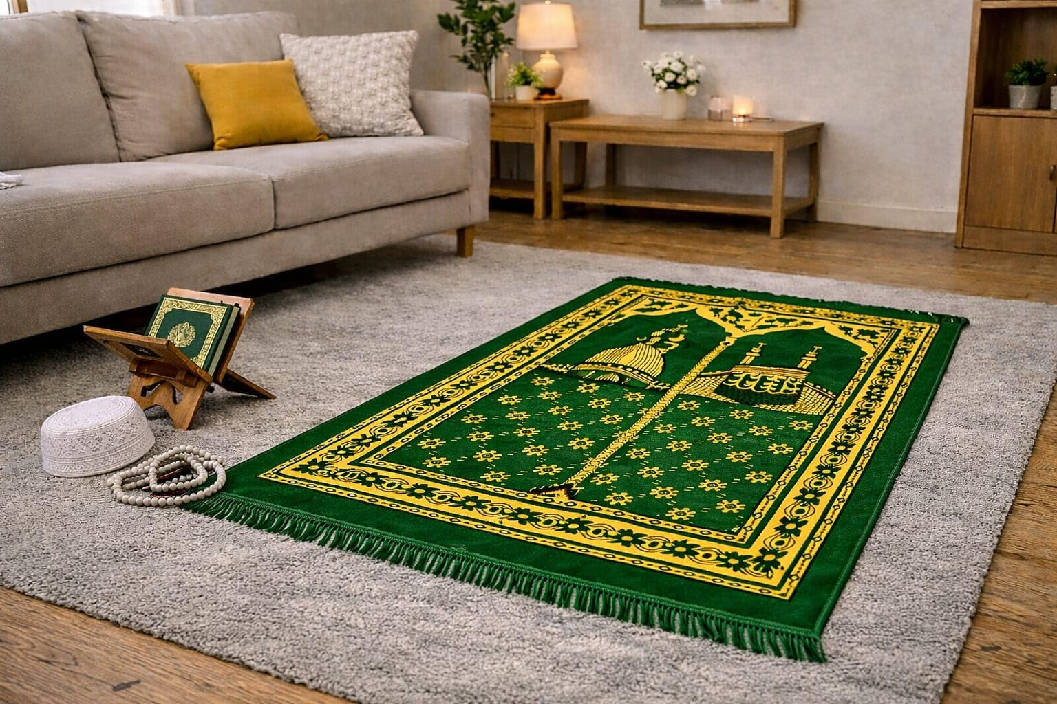 Velvet Janamaz Mat | Prayer Mat/Meditation Janamaz for Namaz/Meditation Mat/Muslim | Size 27x42 inch | Washable Soft Prayer Mat, Green-picture-21