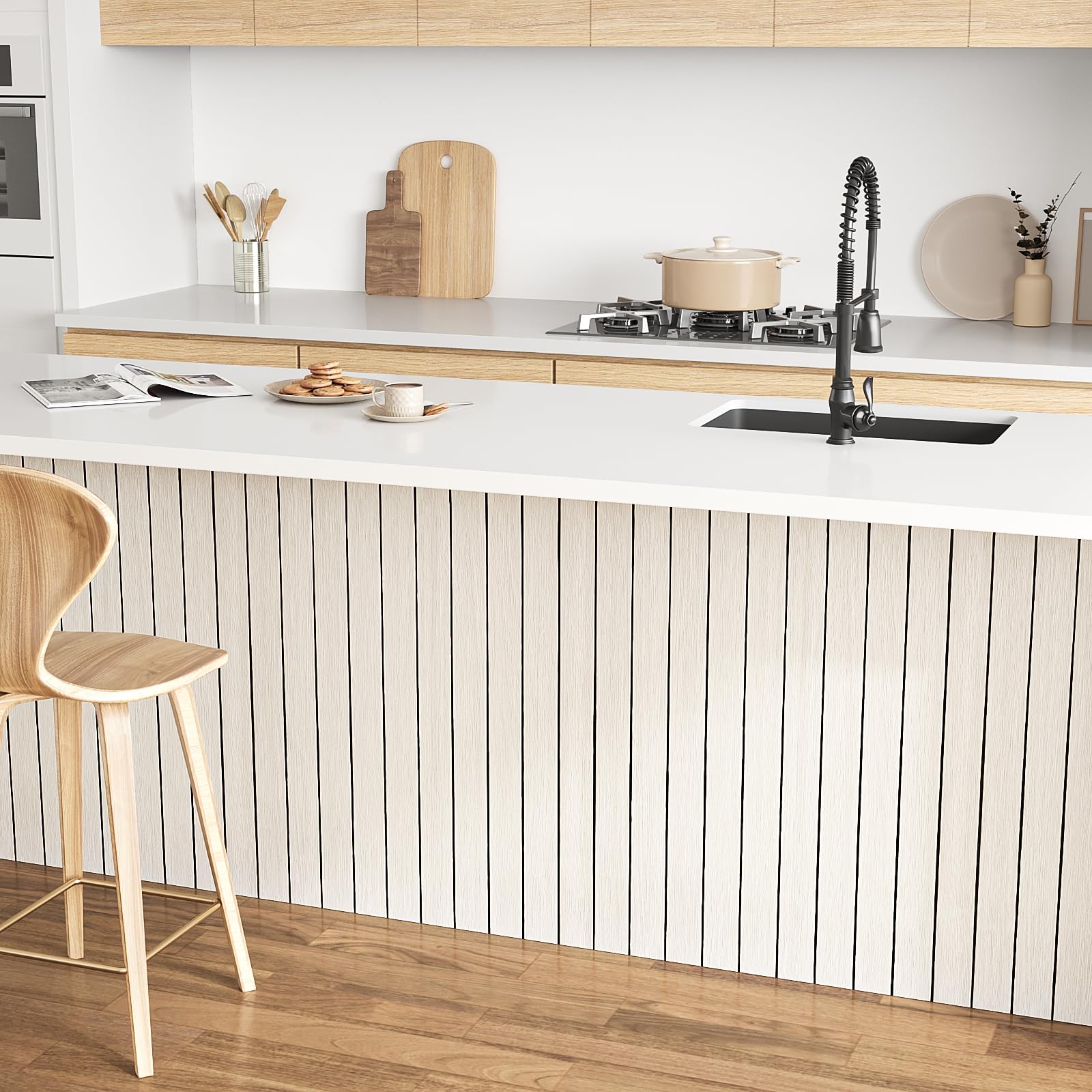 VEELIKE Panel de pared de listones de madera de roble blanco crema para despegar y pegar, paneles de pared de madera sintética 3D para paredes decorativas, dormitorio, 17 x 118 pulgadas, rollo de