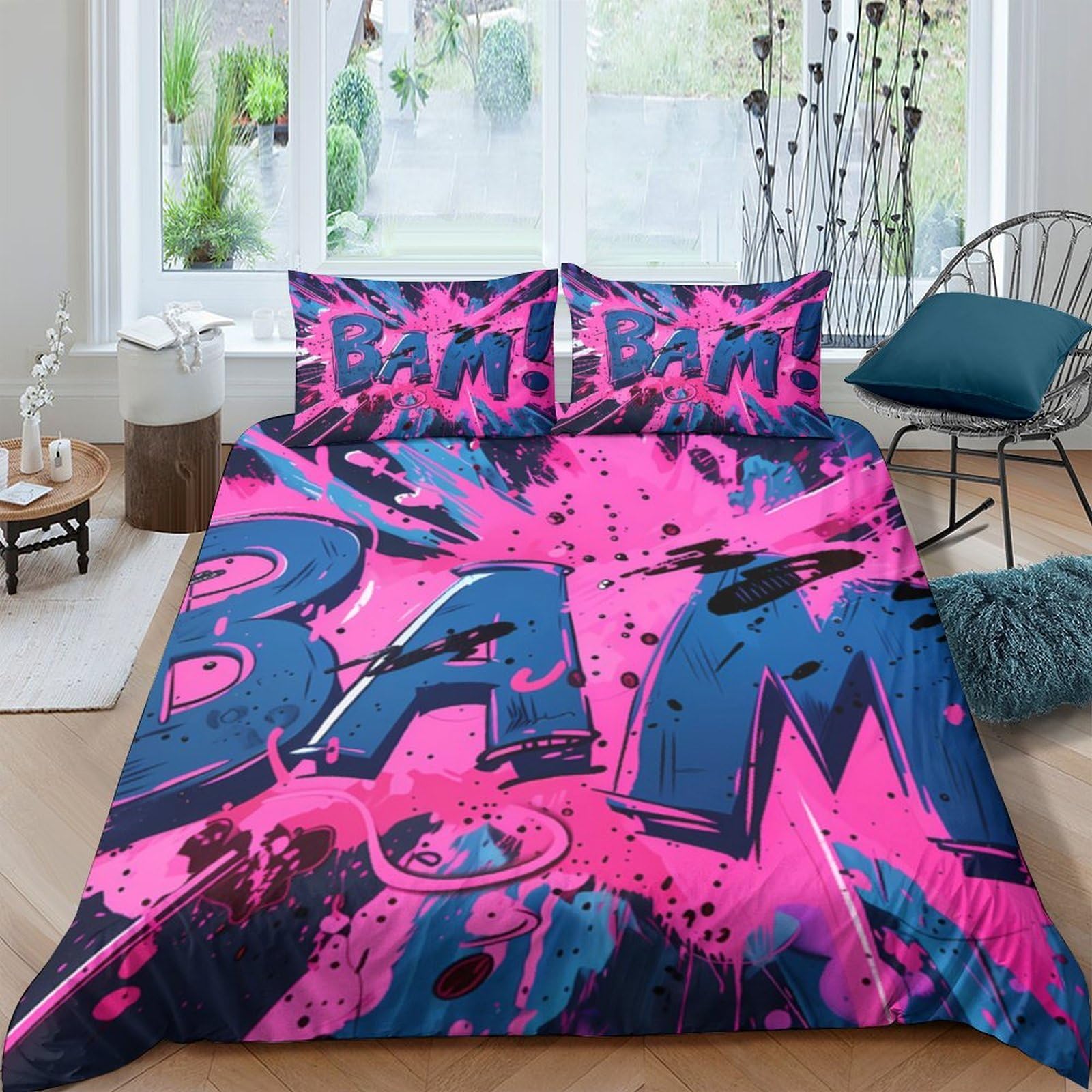 Ctjqhvkz Style-1 3D Printed Pop Art Graffiti Fitted Sheet Microfiber Soft Pink Blue Comic Style Mattress Cover For Bedroom Dorm Decor Single（135X200cm）