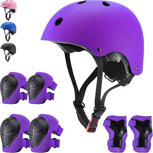 Juego de casco de bicicleta para niños, niñas y adolescentes de 3 a 8 años de edad con coderas, rodilleras, muñequeras, juego de protección para
