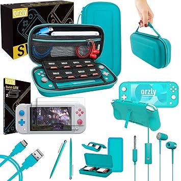 Orzly Switch Lite Accessories Bundle Includes Carry Case and Screen Protector USB Cable, Games Holder, Comfort Grip Case, Headphones, Thumb-Grip Pack and More included (Turquoise Blue)
