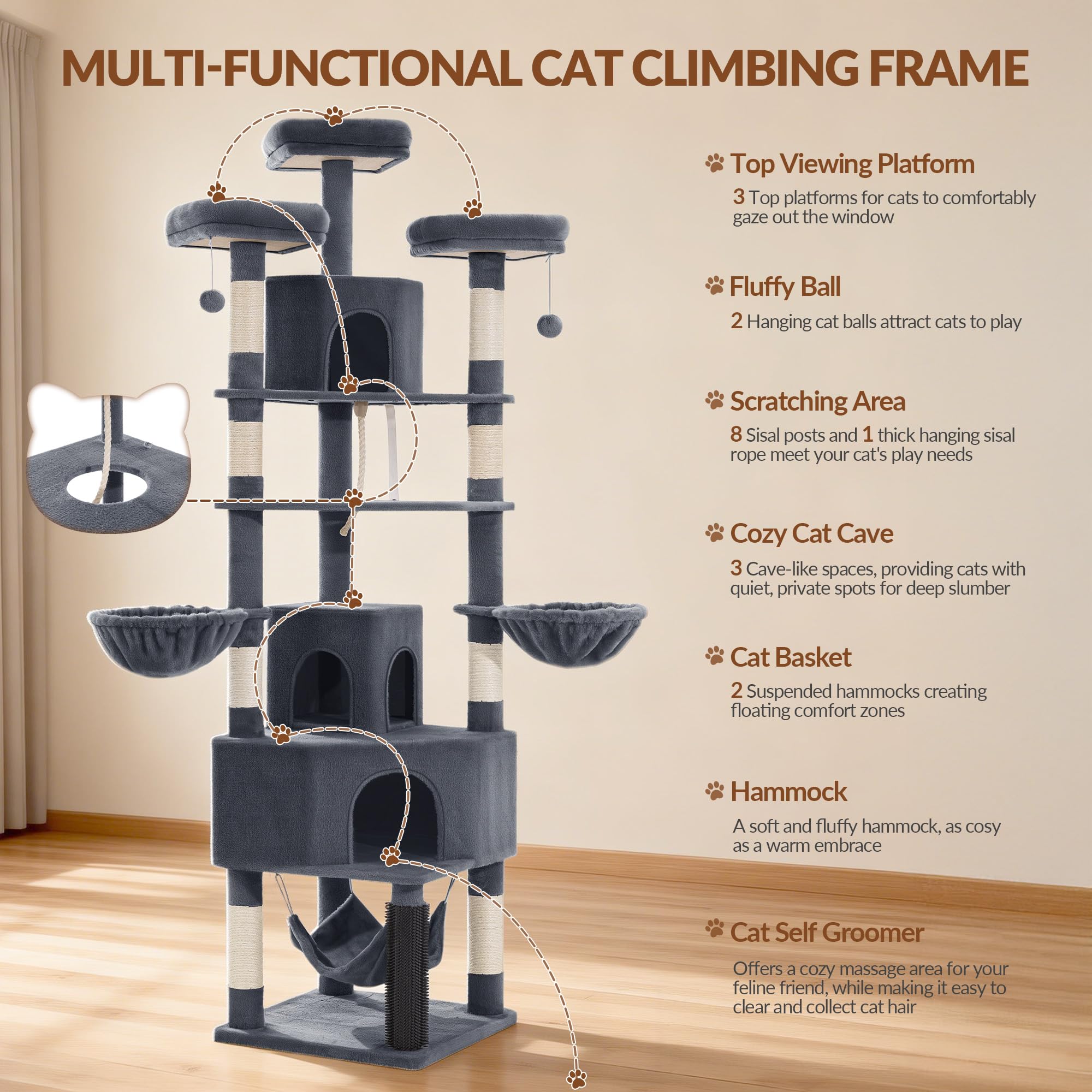 Kratzbaum Groß, 220 cm XXL katzenkratzbaum, Dunkelgrau | Großen Höhlen, 3 Plattformen, 8 Sisalstämmen, Hängematte, Katzenbürsten, Körben, Dickem Sisalseil, für Innenräume FPMS011FG2