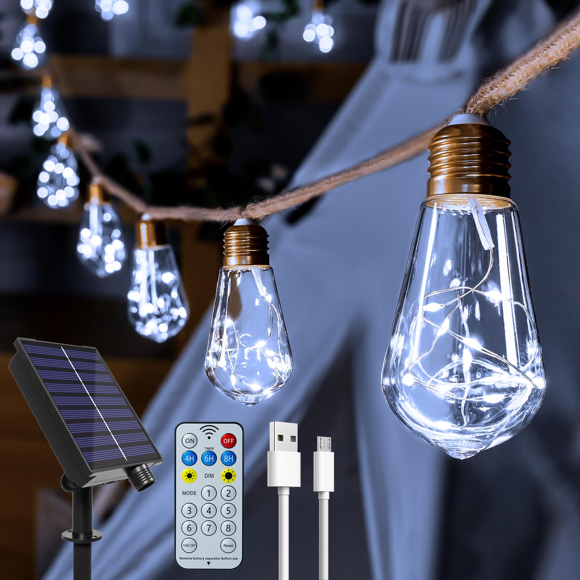 Ollny Solar Lights Outdoor Garden 6m Hemp Rope Festoon Light with Remote, USB Fairy String with 16 S17 Shatterproof Bulbs 160 LEDs 8 Modes, Waterproof Lighting for Outside Gazebo Decor(Cool White)