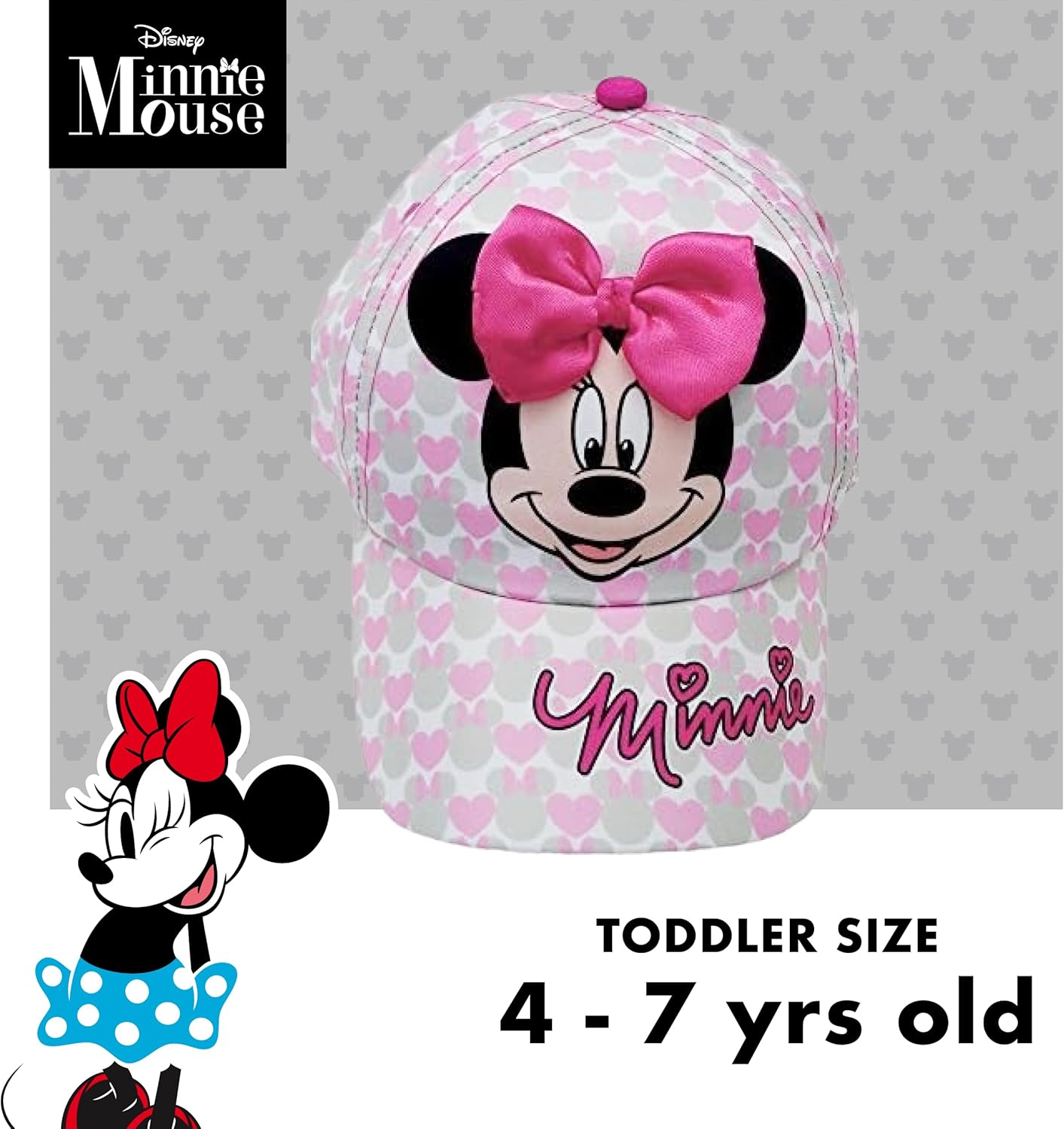 Disney Girls Baseball Cap-3D Bow Curved Brim Strap Back Hat (4-7), Size 2-4T, Minnie Mouse Hearts - Image 5