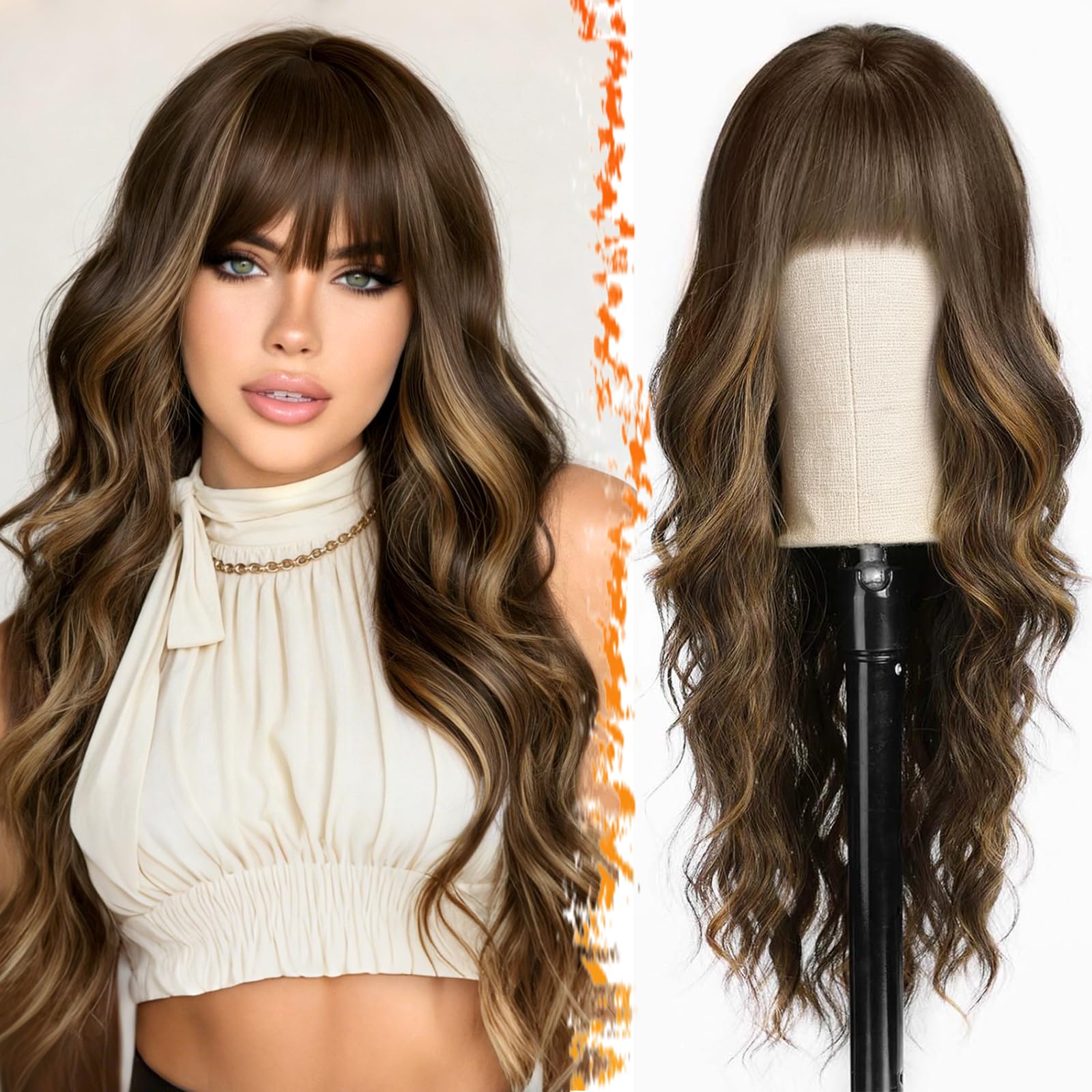 BARSDAR Lange Gewellt Highlight Perücke mit Pony, 66cm Lange Gewellt Braun Mix Blond Perücke mit Pony für Damen Synthetische Haar Replacement Perücken Natürlich Aussehendes Halloween Haar Perücken