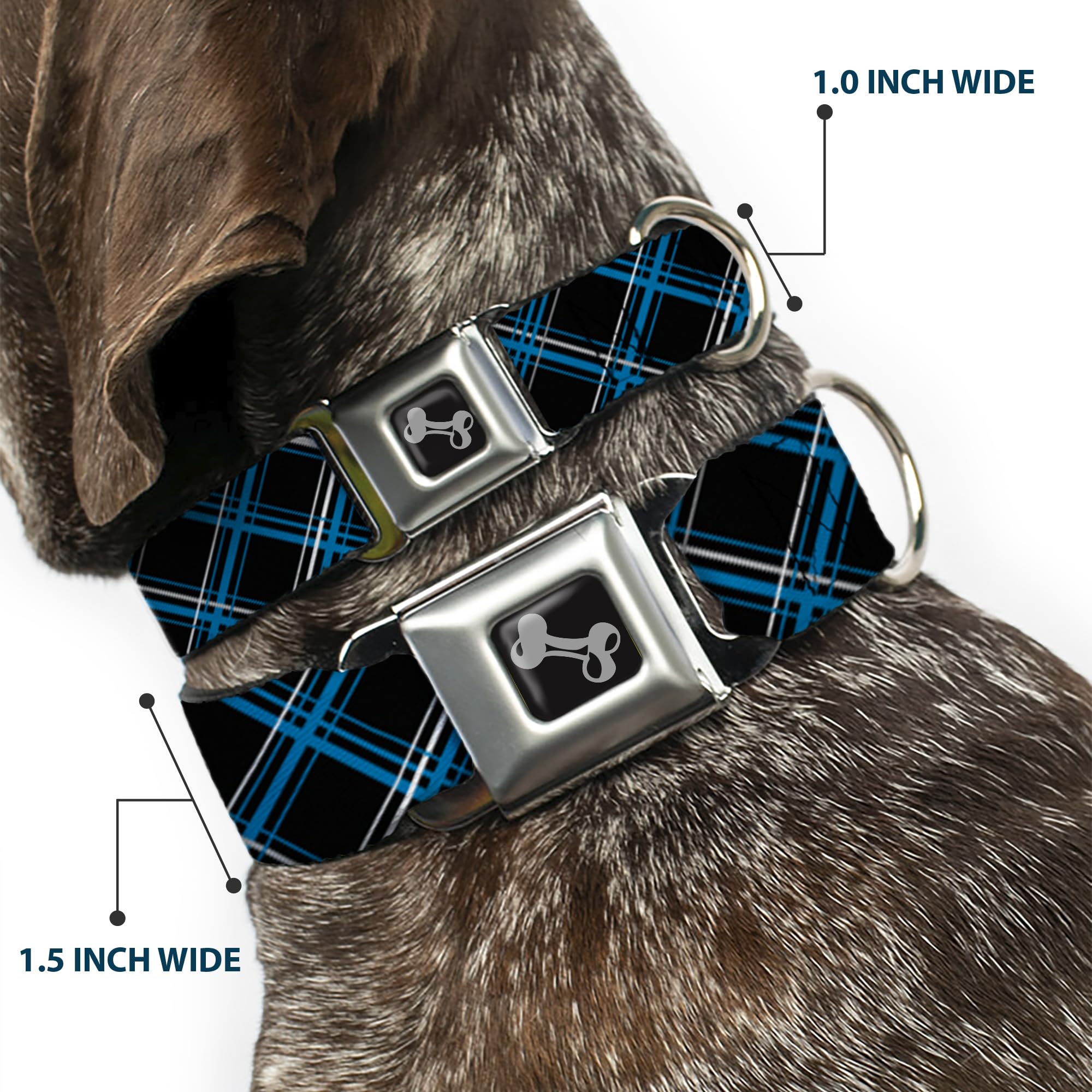 Buckle-Down Obroża dla psa z klamrą pasa bezpieczeństwa - w kratę czarna/turkusowa/szara - szerokość 3,8 cm - pasuje na szyję 40-58 cm - rozmiar M