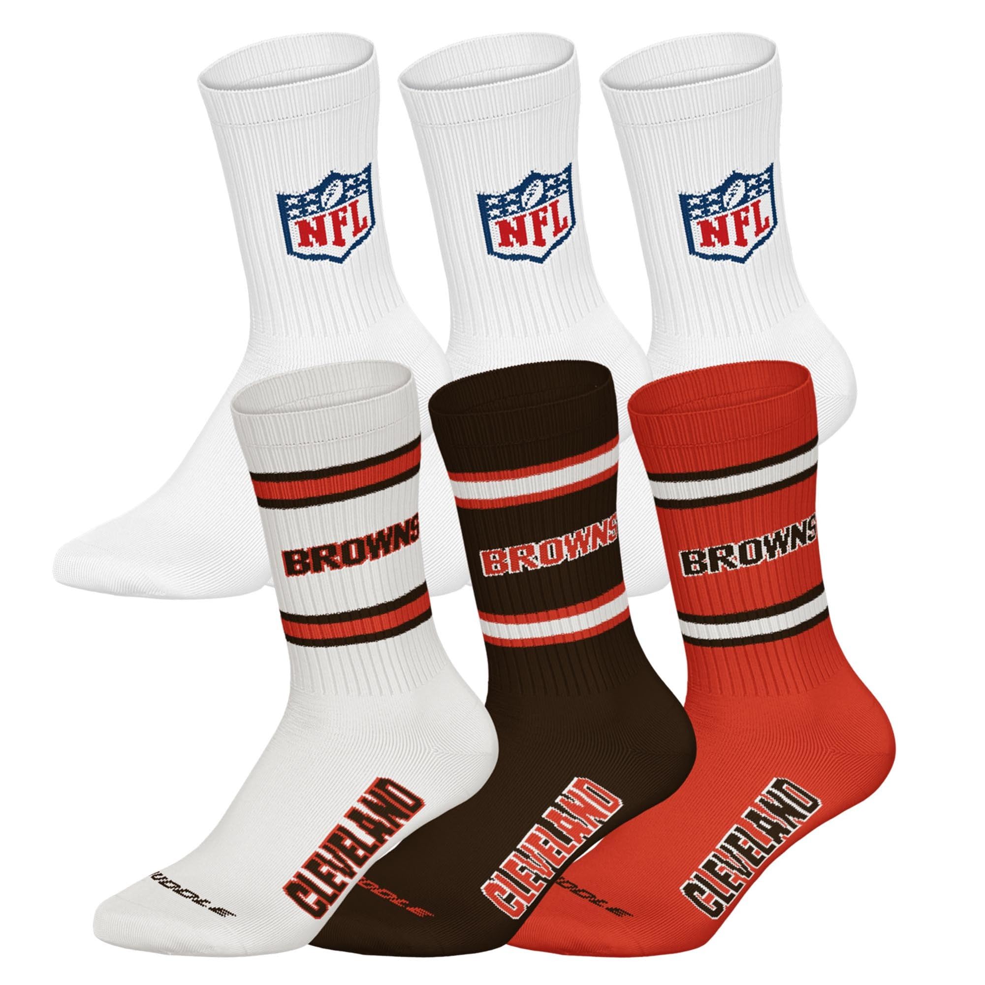 NFL Unisex Team Crew Socks, Cleveland Browns, White, 43-46, Pack of 6